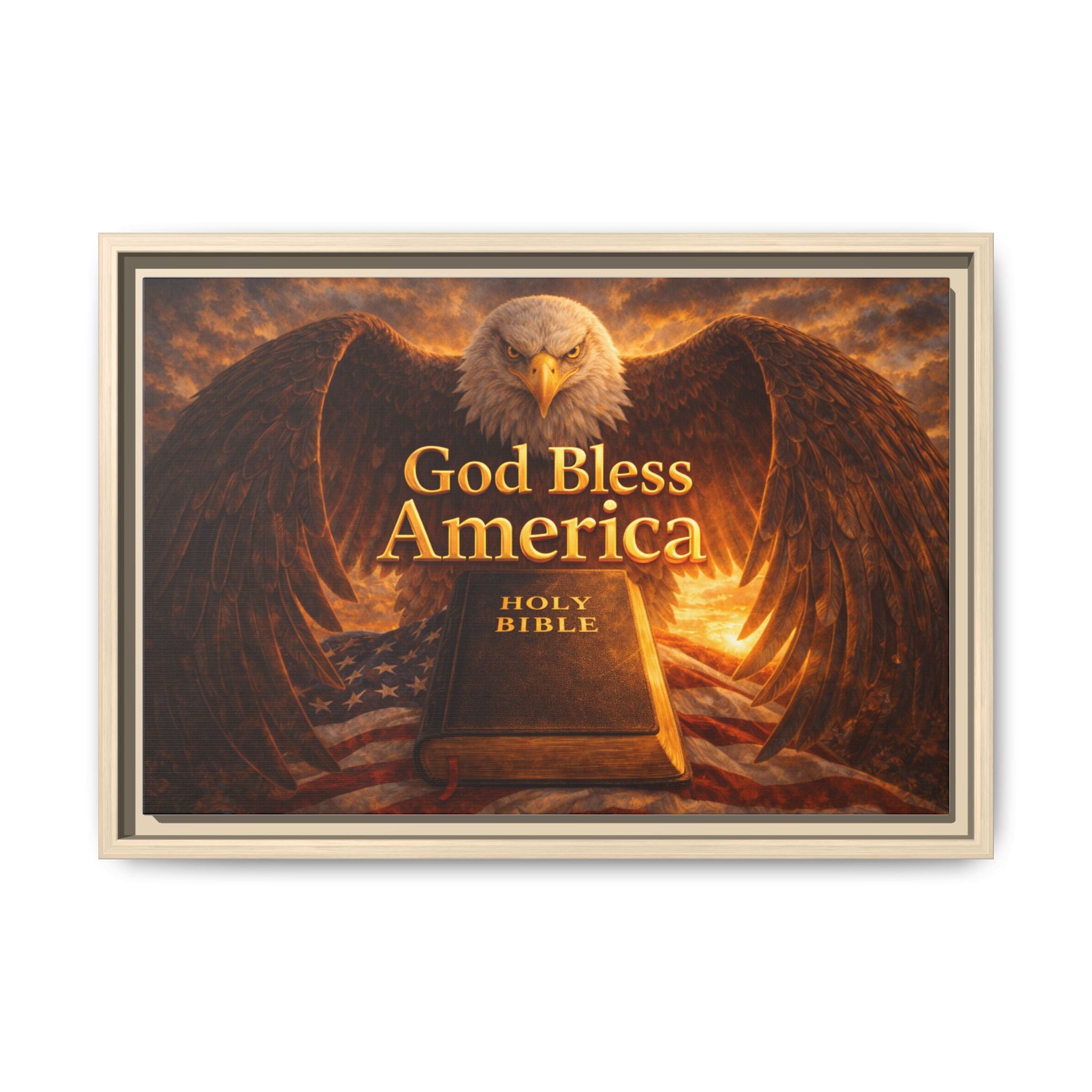 Framed Matte Canvas – "God Bless America" Eagle & Bible Patriotic Wall Art