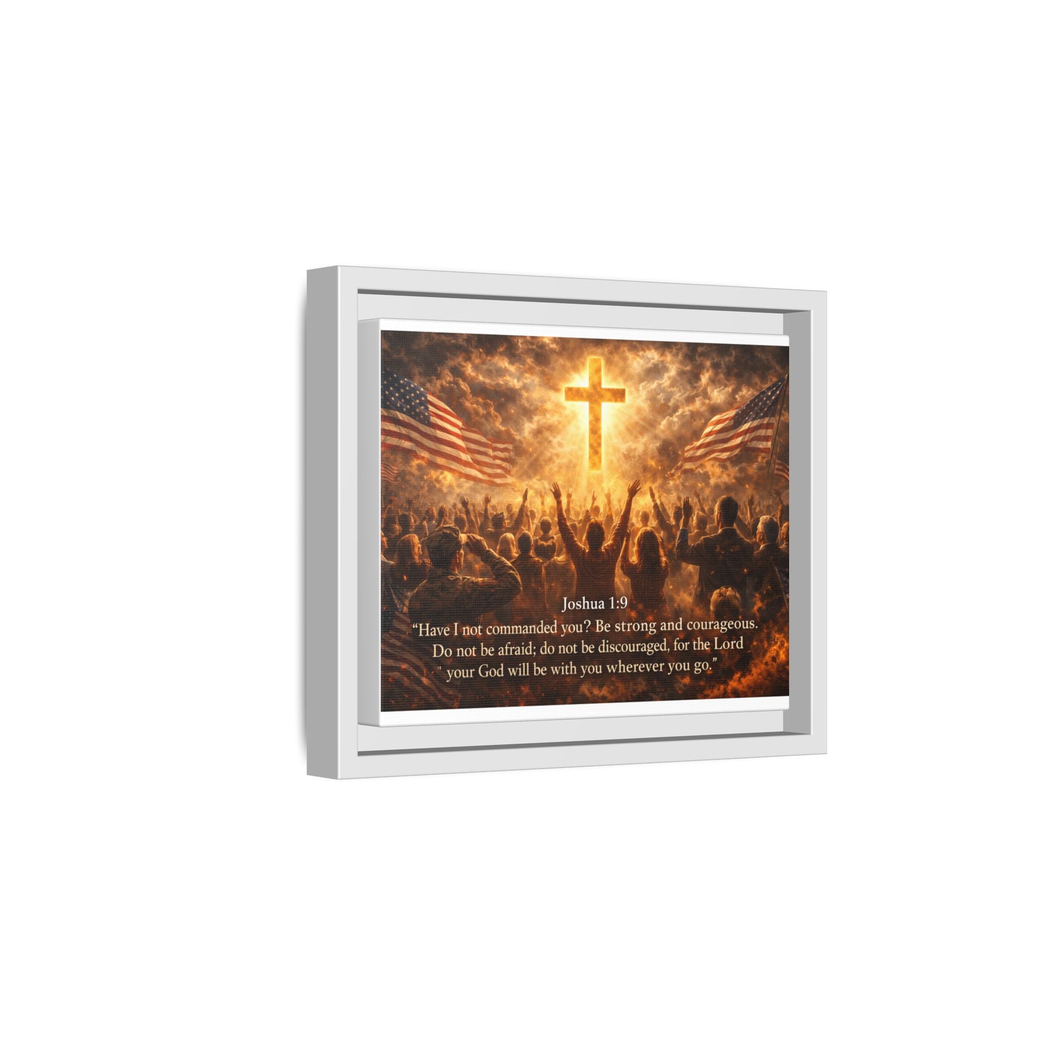 Framed Matte Canvas - Joshua 1:9 Christian Wall Art with Cross & Flags