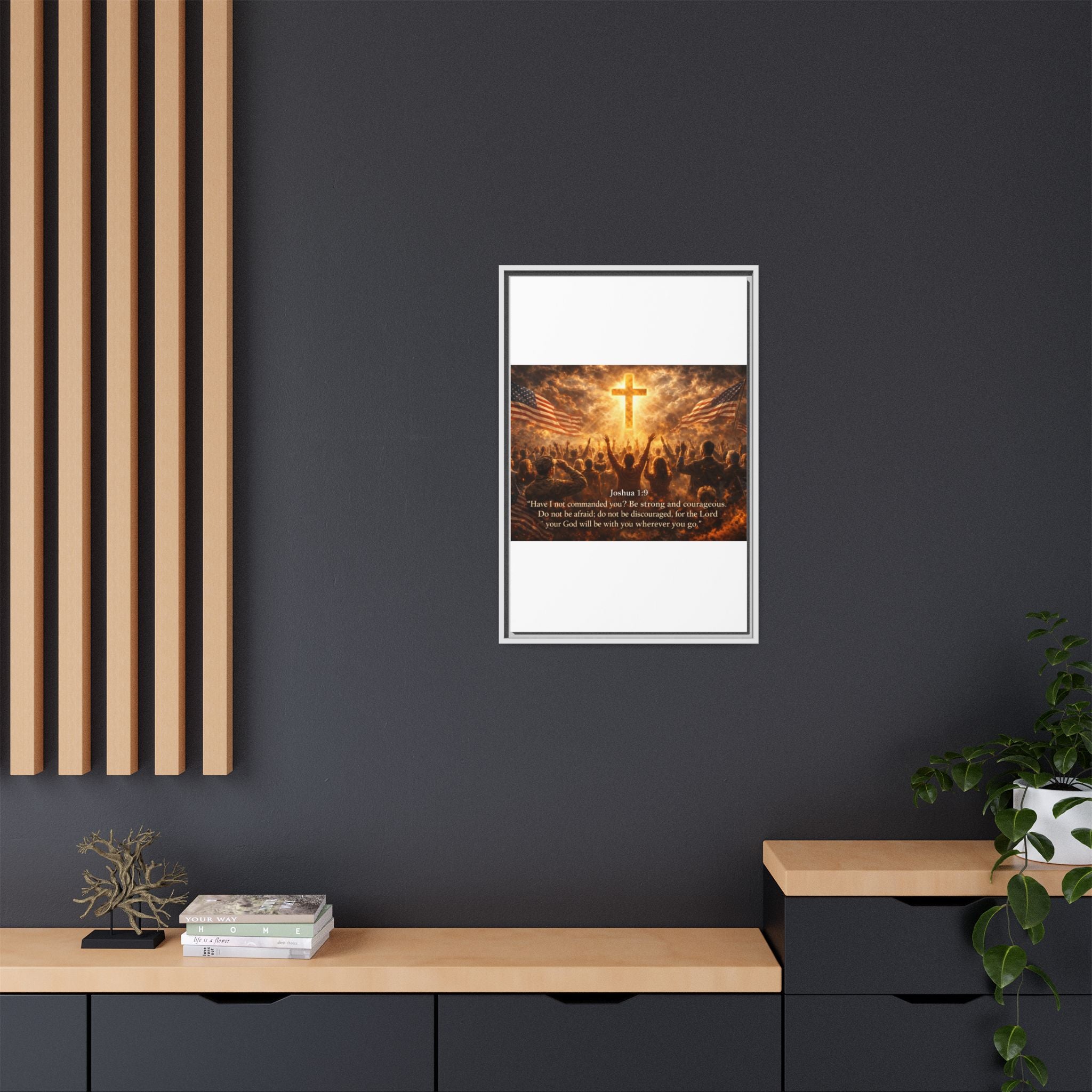 Framed Matte Canvas - Joshua 1:9 Christian Wall Art with Cross & Flags
