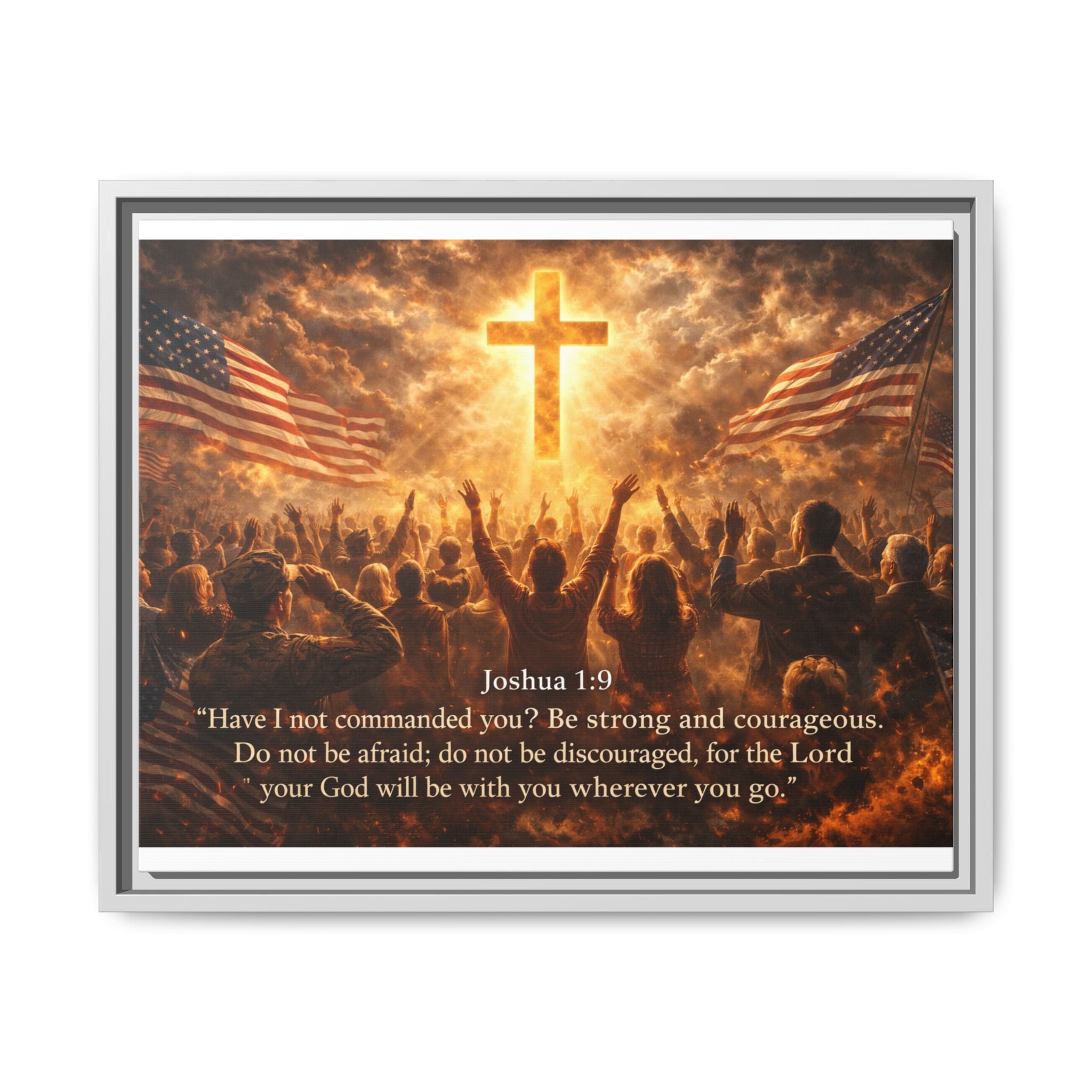 Framed Matte Canvas - Joshua 1:9 Christian Wall Art with Cross & Flags