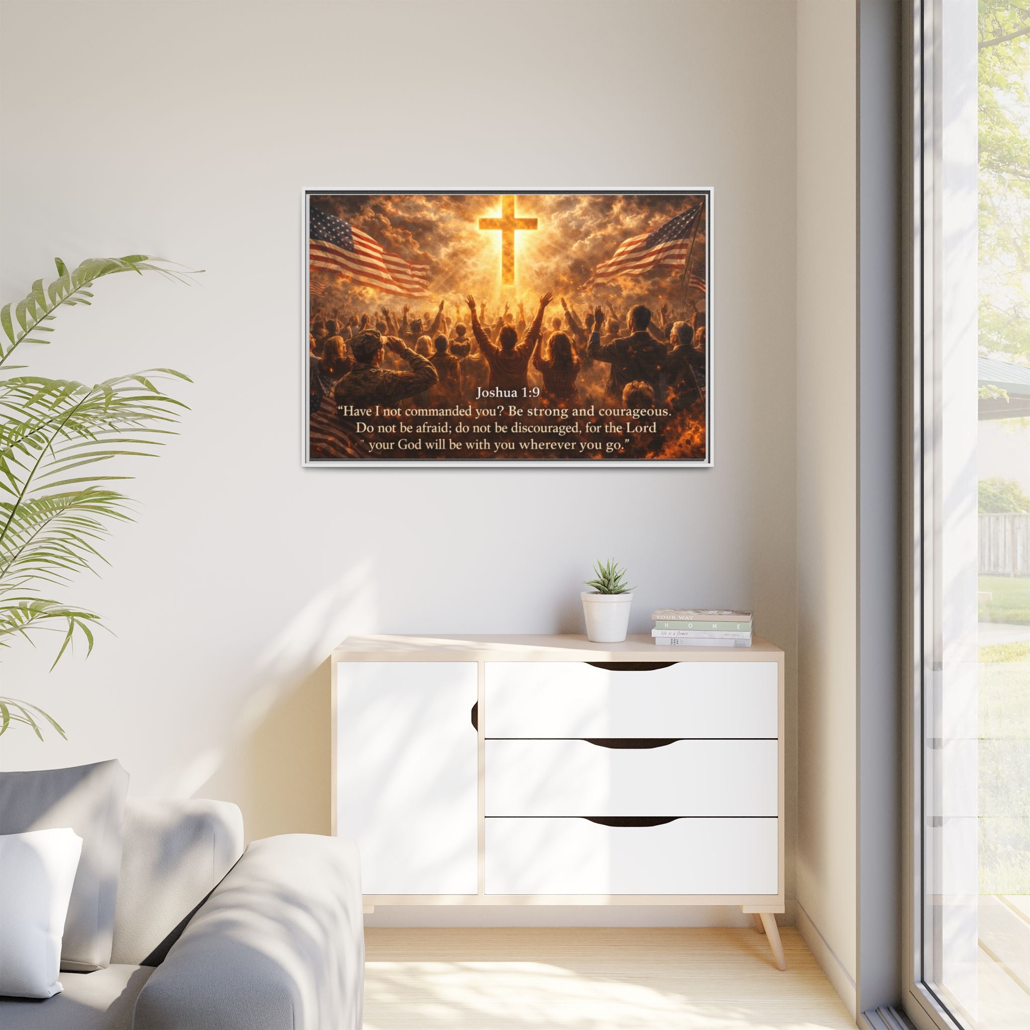 Framed Matte Canvas - Joshua 1:9 Christian Wall Art with Cross & Flags