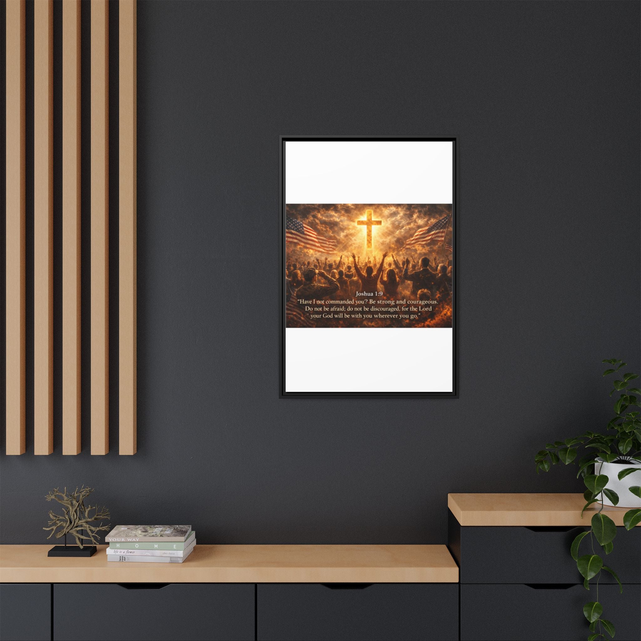 Framed Matte Canvas - Joshua 1:9 Christian Wall Art with Cross & Flags