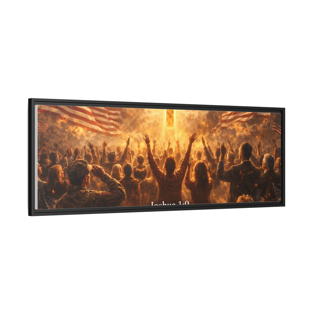 Framed Matte Canvas - Joshua 1:9 Christian Wall Art with Cross & Flags