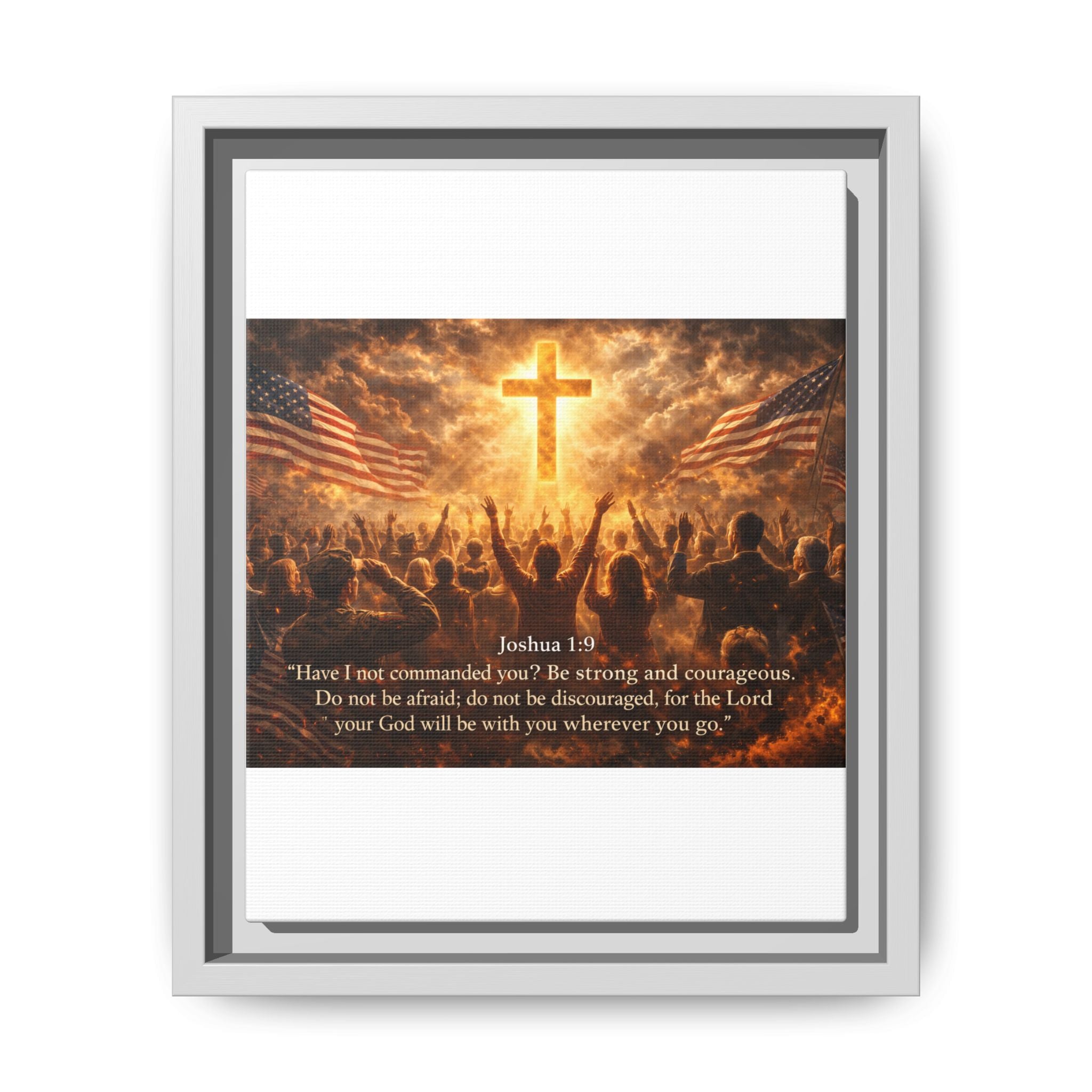 Framed Matte Canvas - Joshua 1:9 Christian Wall Art with Cross & Flags