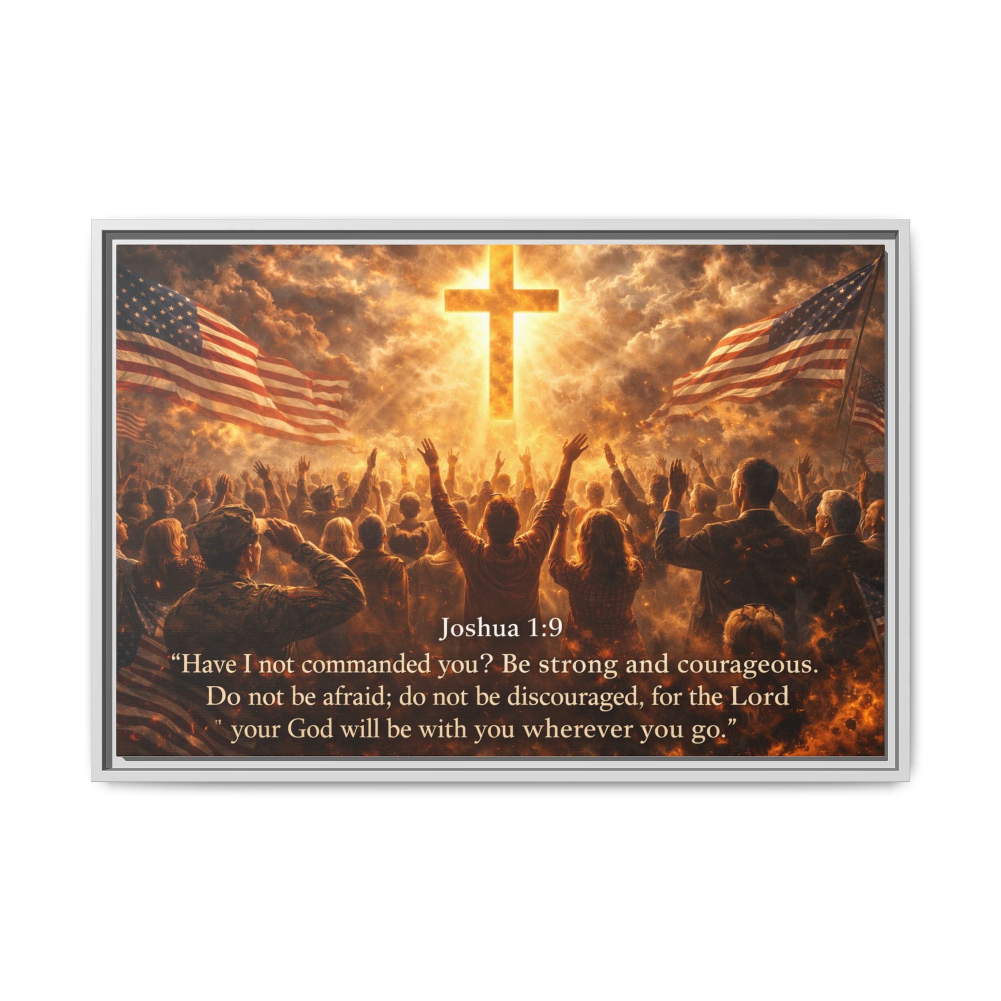 Framed Matte Canvas - Joshua 1:9 Christian Wall Art with Cross & Flags