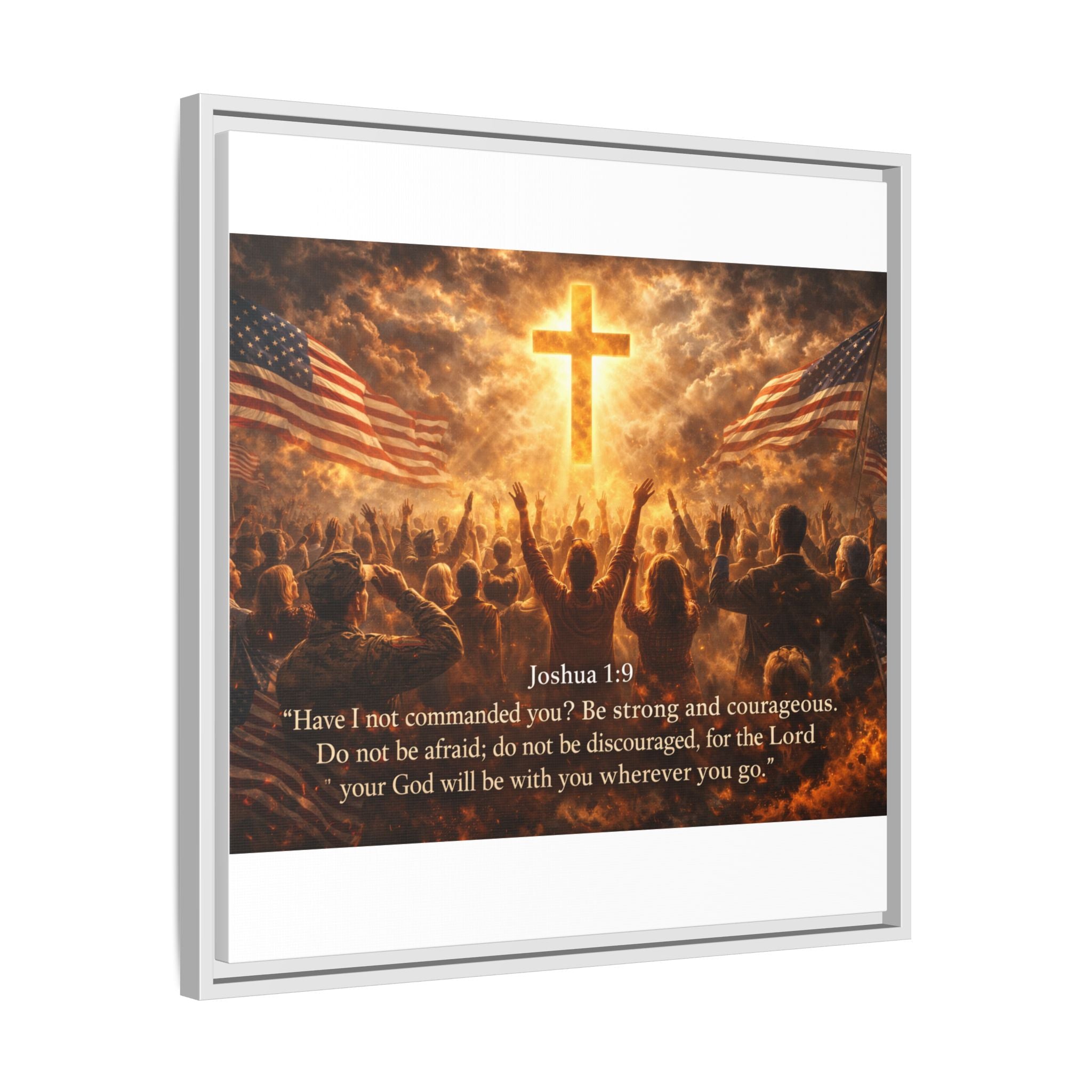 Framed Matte Canvas - Joshua 1:9 Christian Wall Art with Cross & Flags