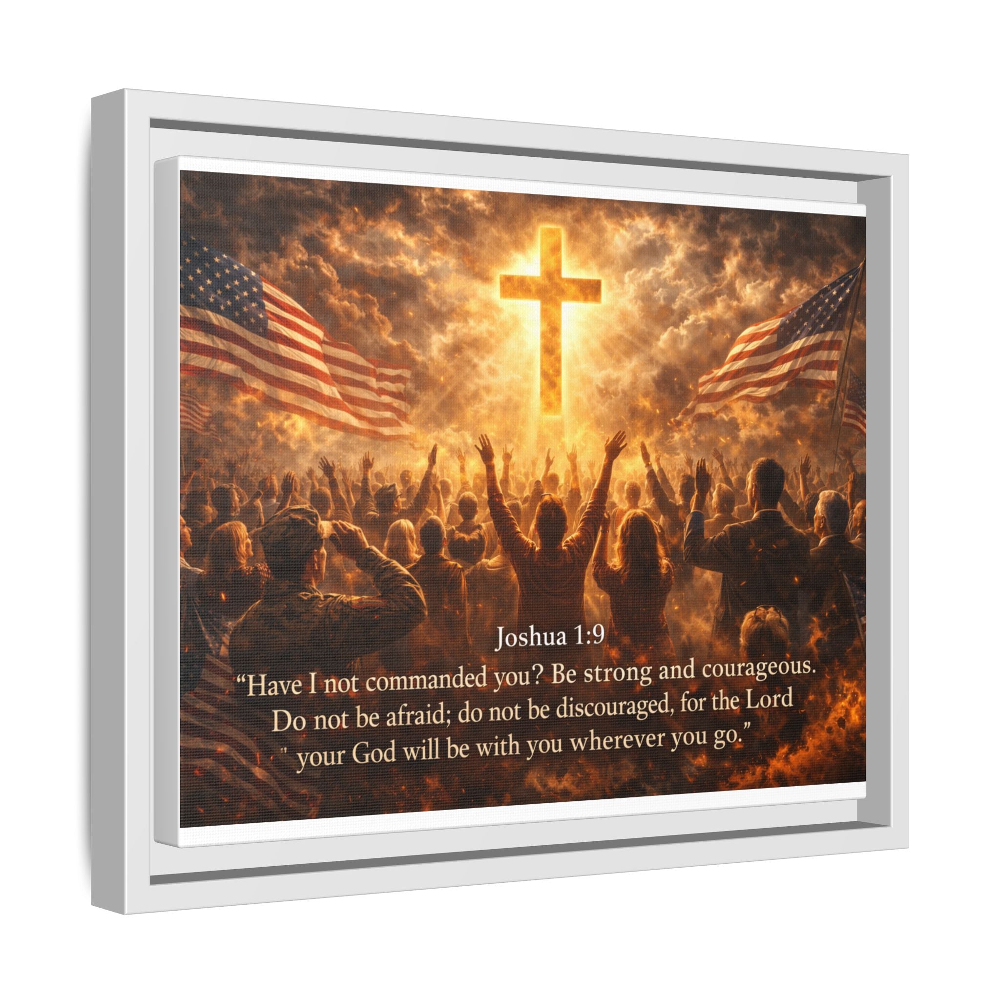 Framed Matte Canvas - Joshua 1:9 Christian Wall Art with Cross & Flags
