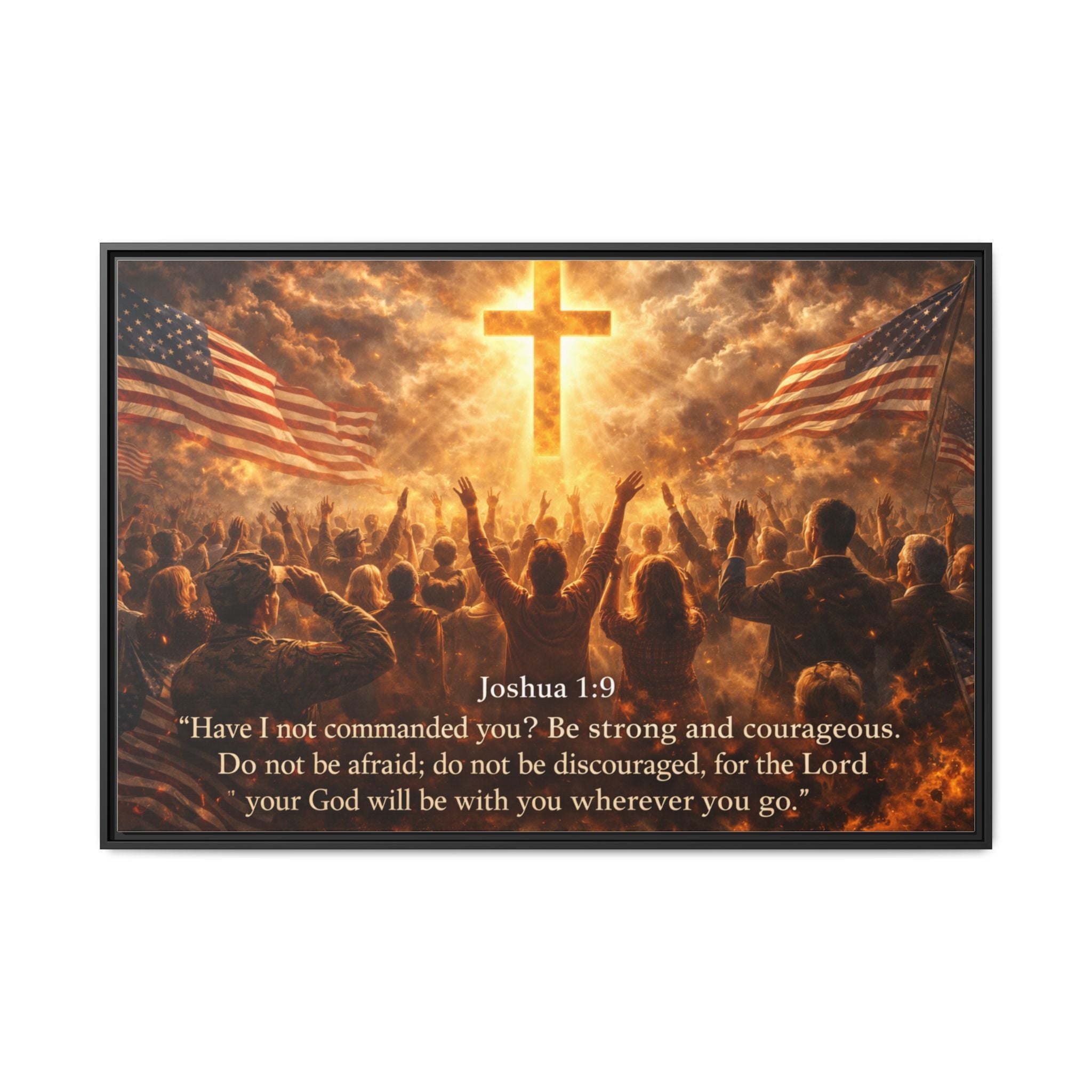 Framed Matte Canvas - Joshua 1:9 Christian Wall Art with Cross & Flags