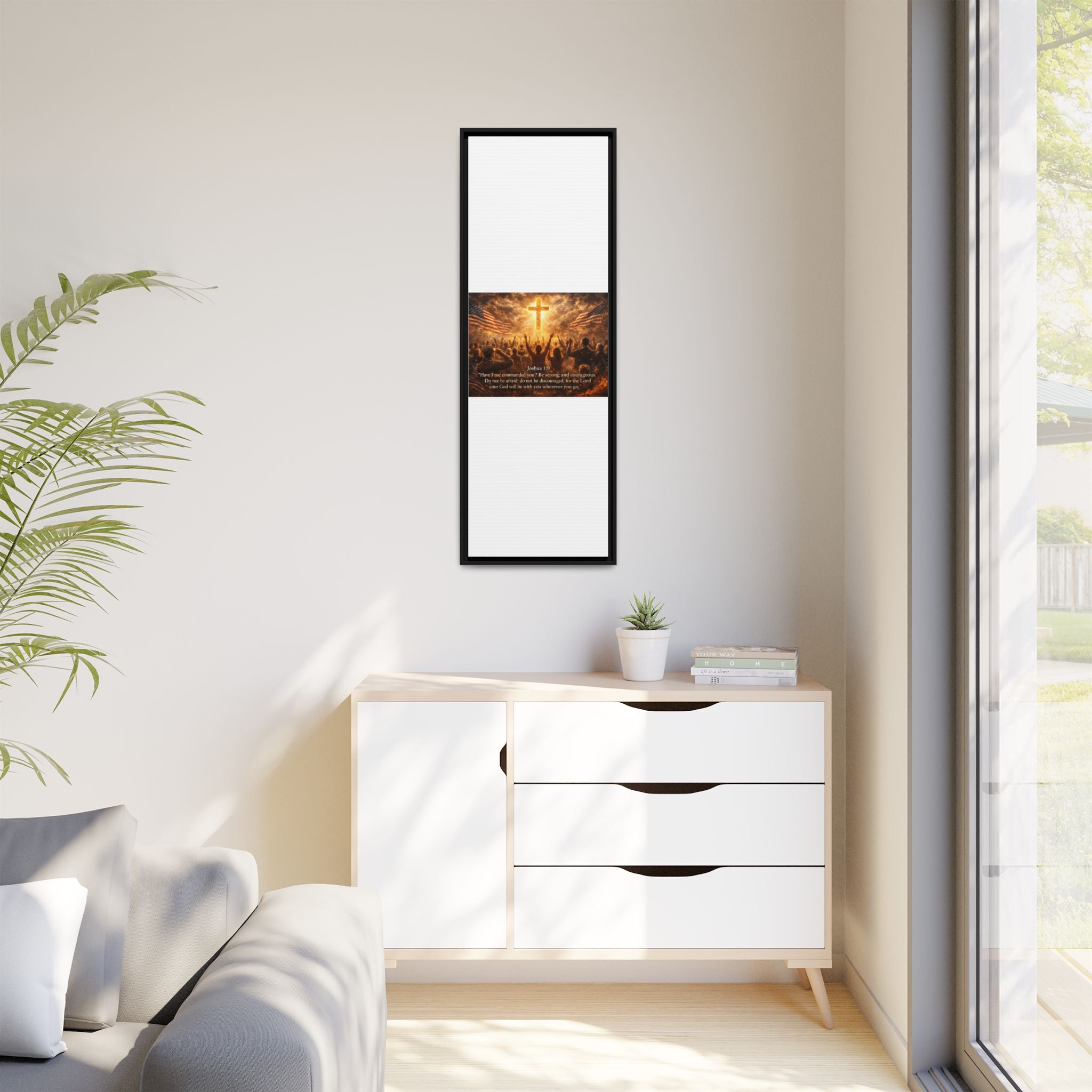 Framed Matte Canvas - Joshua 1:9 Christian Wall Art with Cross & Flags