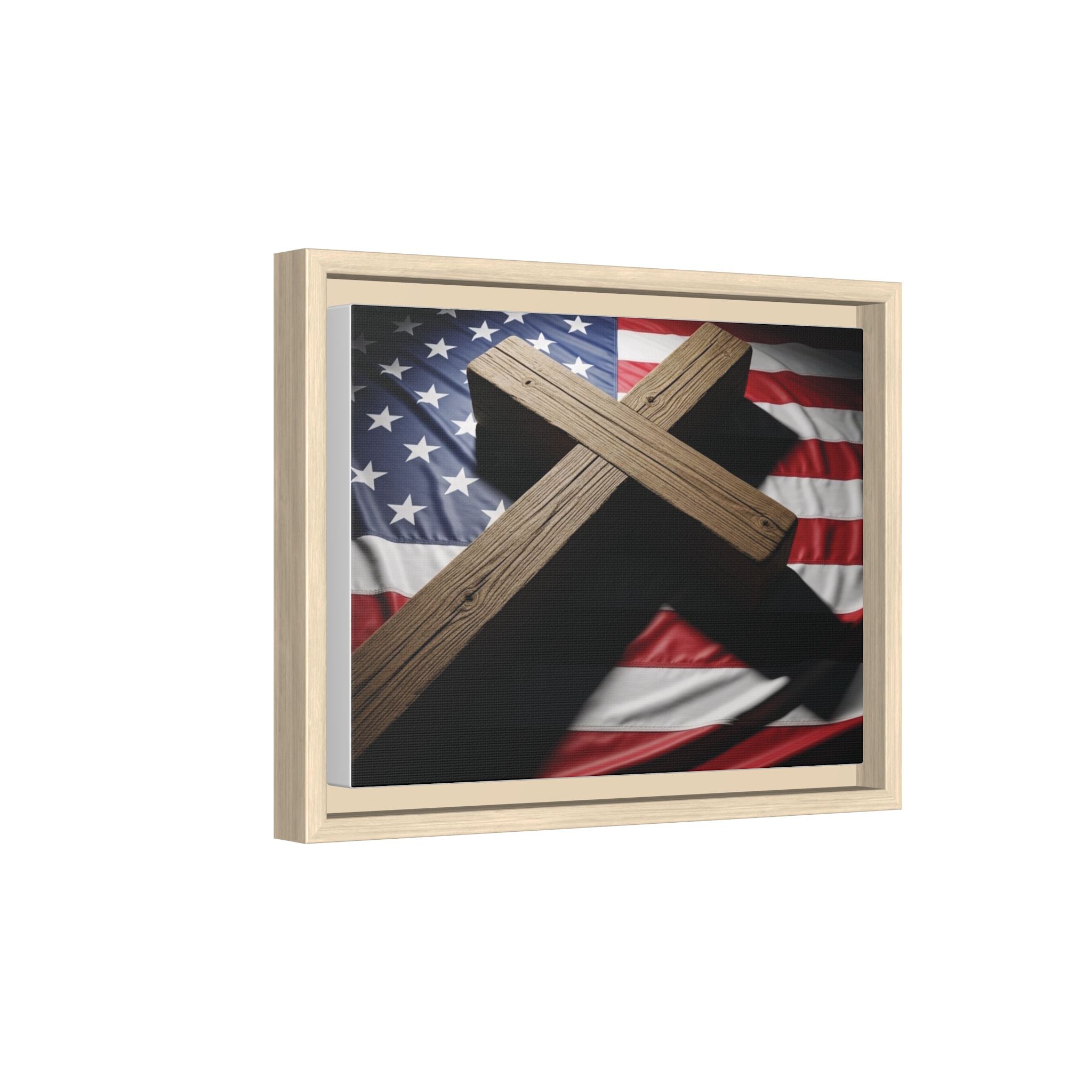 Patriotic Cross Matte Canvas Framed Wall Art — American Flag Christian Decor