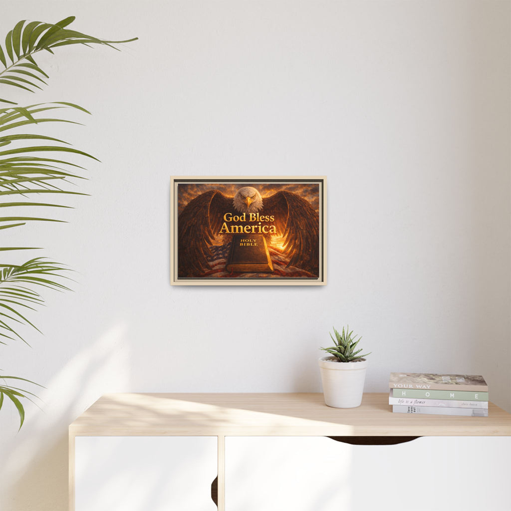 Framed Matte Canvas – "God Bless America" Eagle & Bible Patriotic Wall Art
