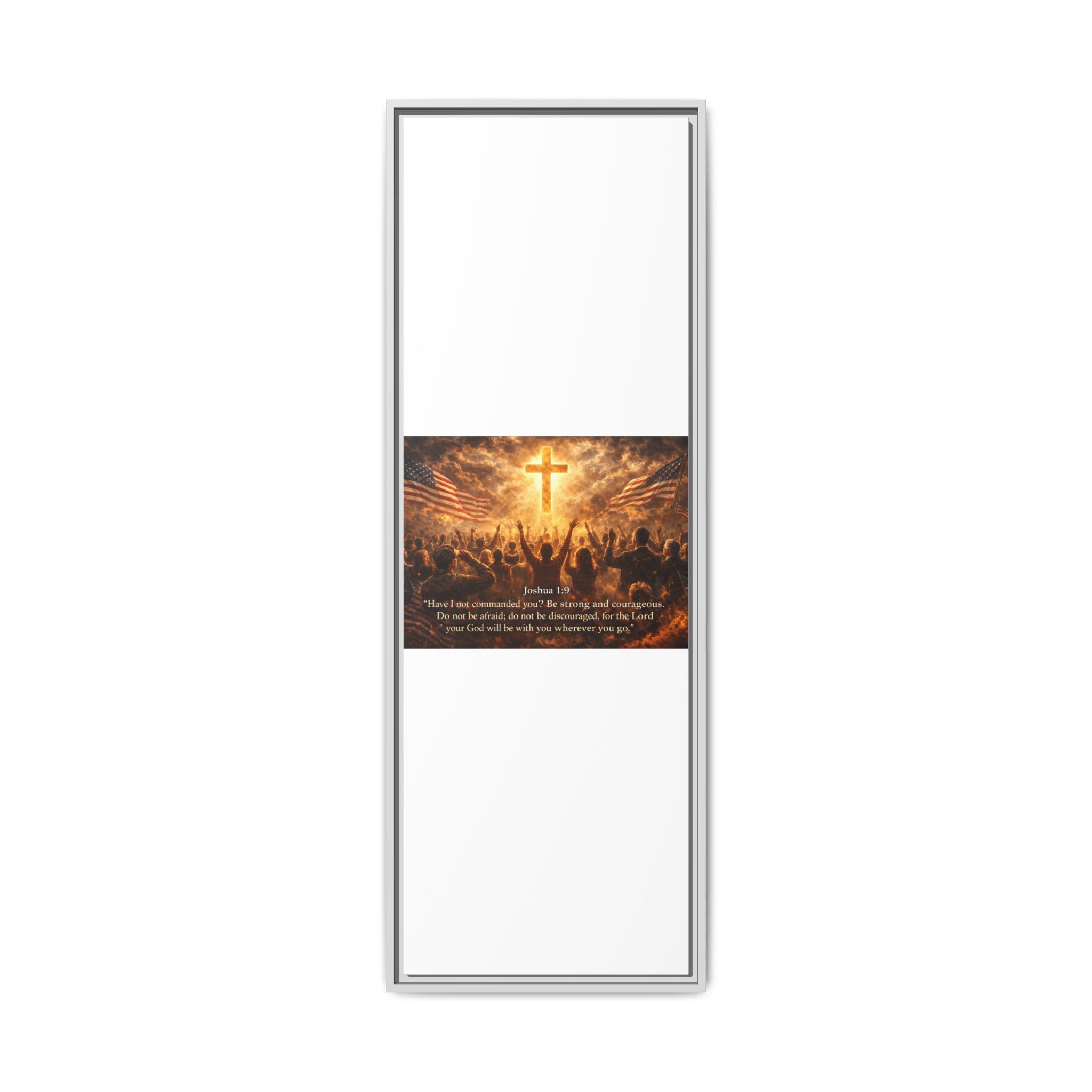 Framed Matte Canvas - Joshua 1:9 Christian Wall Art with Cross & Flags