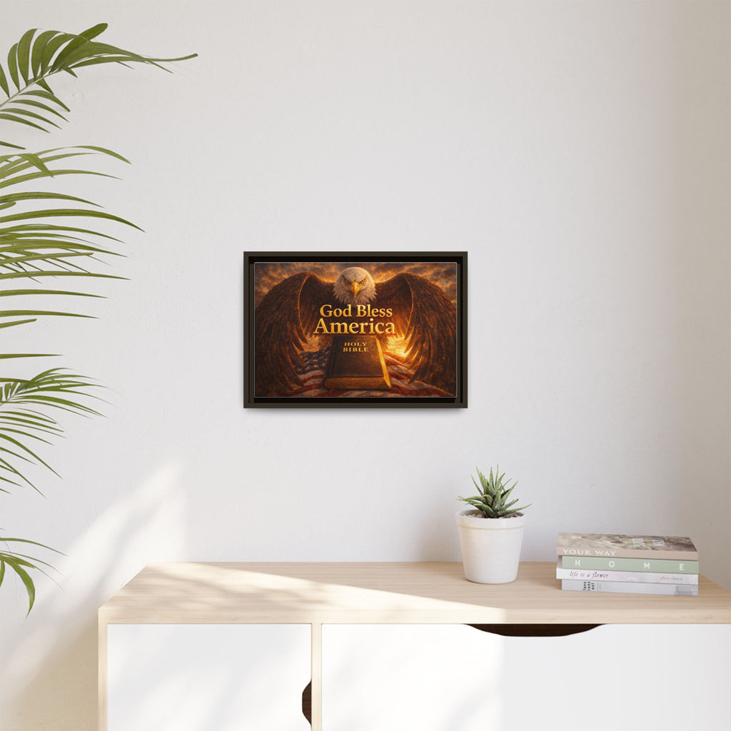 Framed Matte Canvas – "God Bless America" Eagle & Bible Patriotic Wall Art