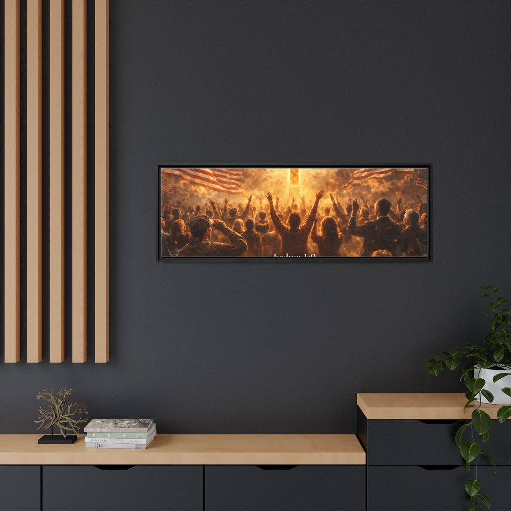 Framed Matte Canvas - Joshua 1:9 Christian Wall Art with Cross & Flags