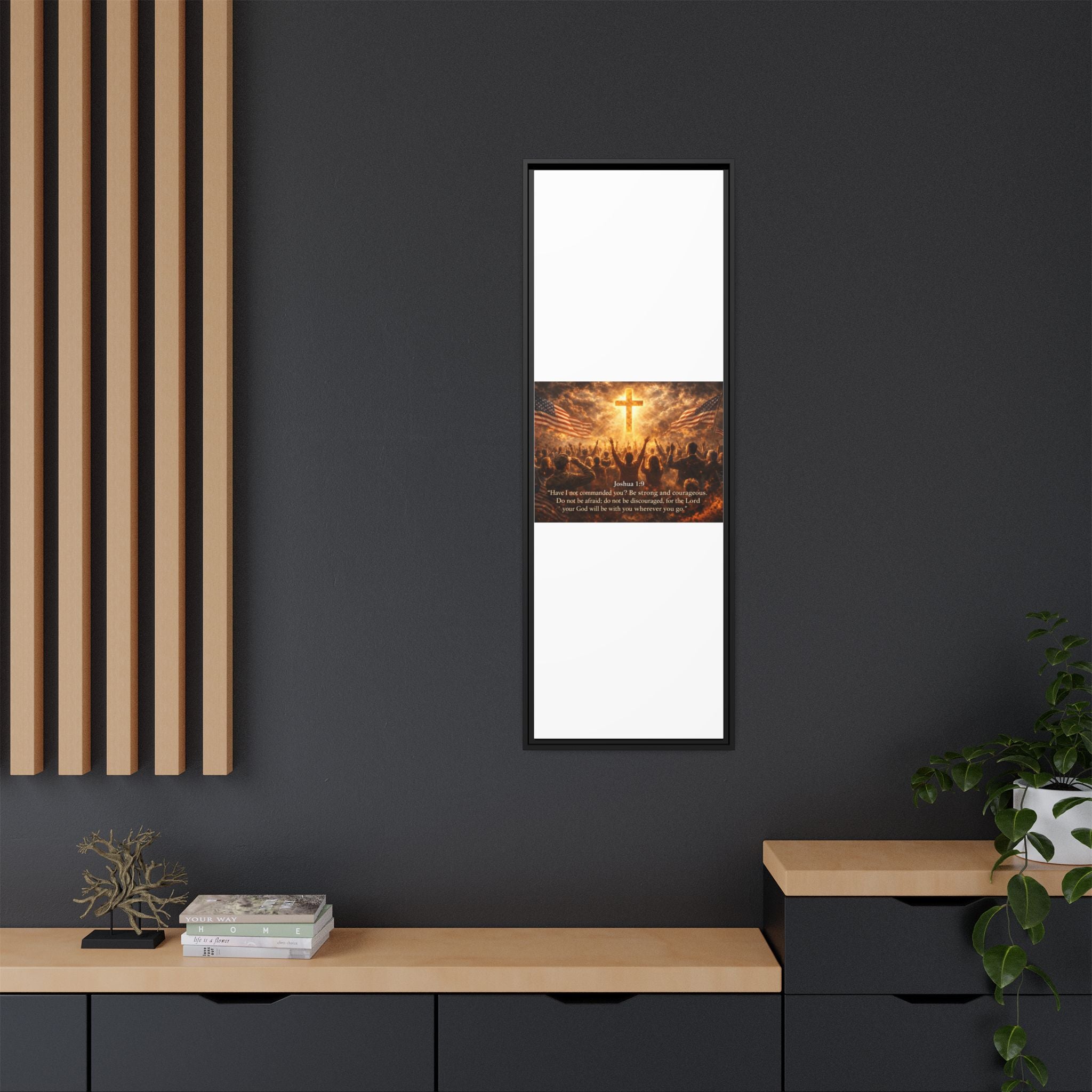 Framed Matte Canvas - Joshua 1:9 Christian Wall Art with Cross & Flags