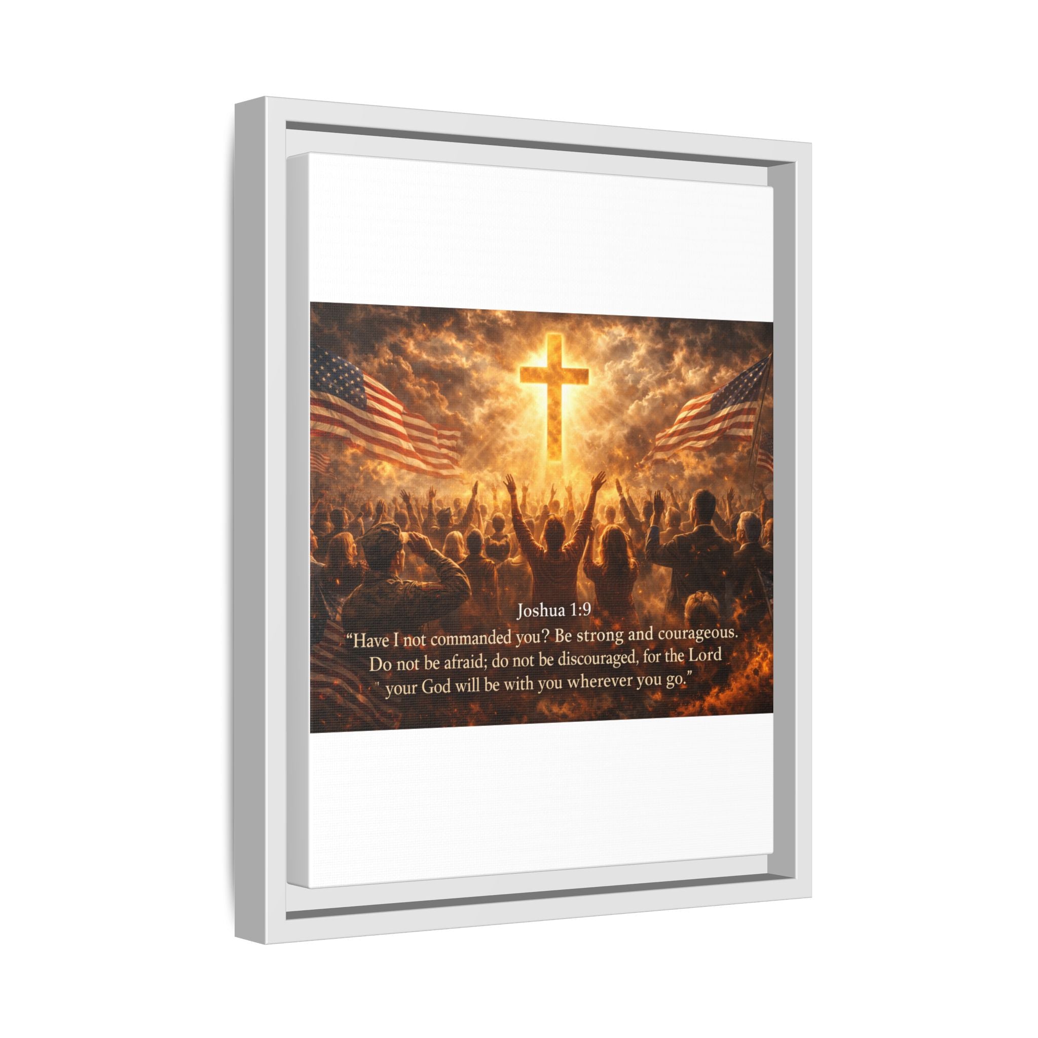 Framed Matte Canvas - Joshua 1:9 Christian Wall Art with Cross & Flags