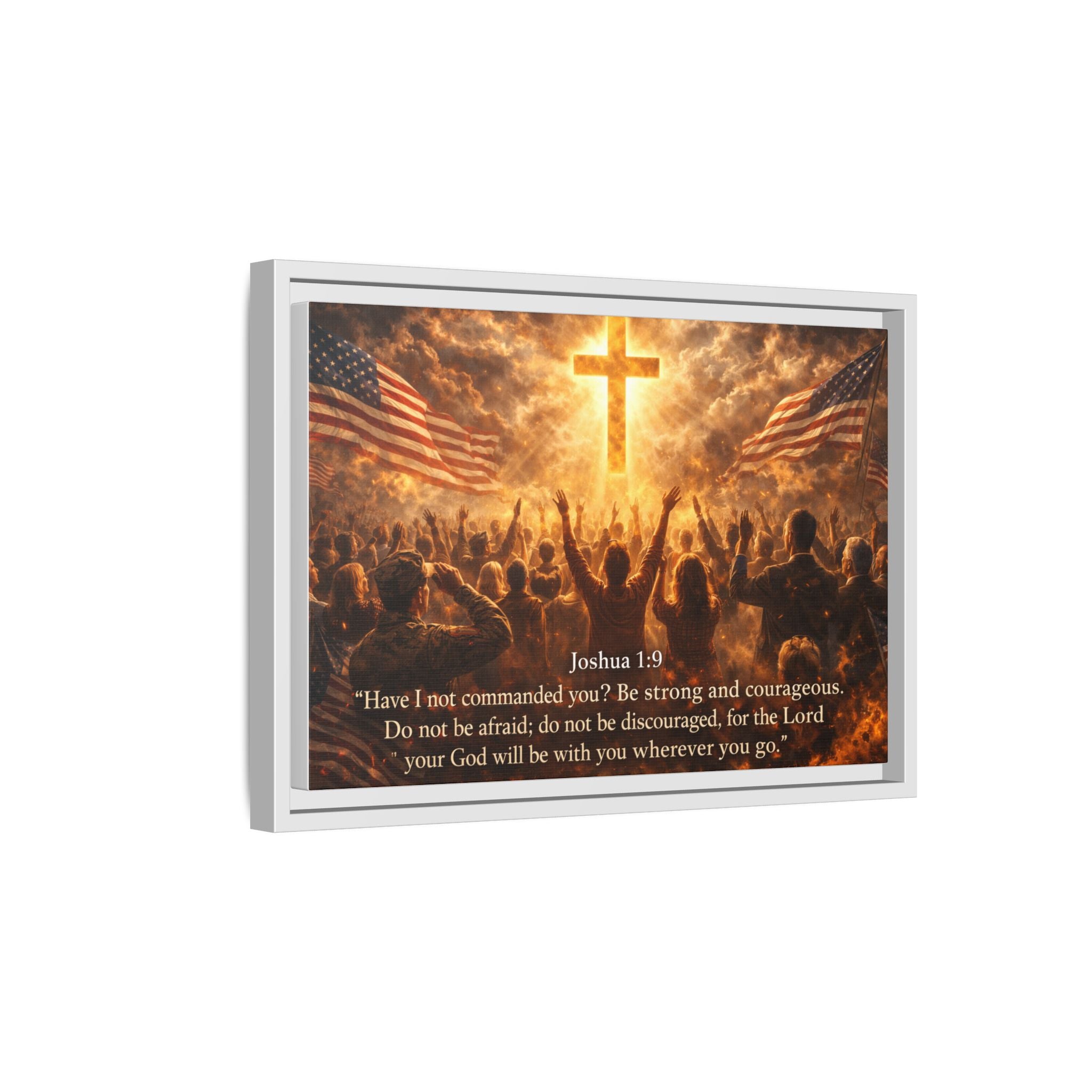 Framed Matte Canvas - Joshua 1:9 Christian Wall Art with Cross & Flags