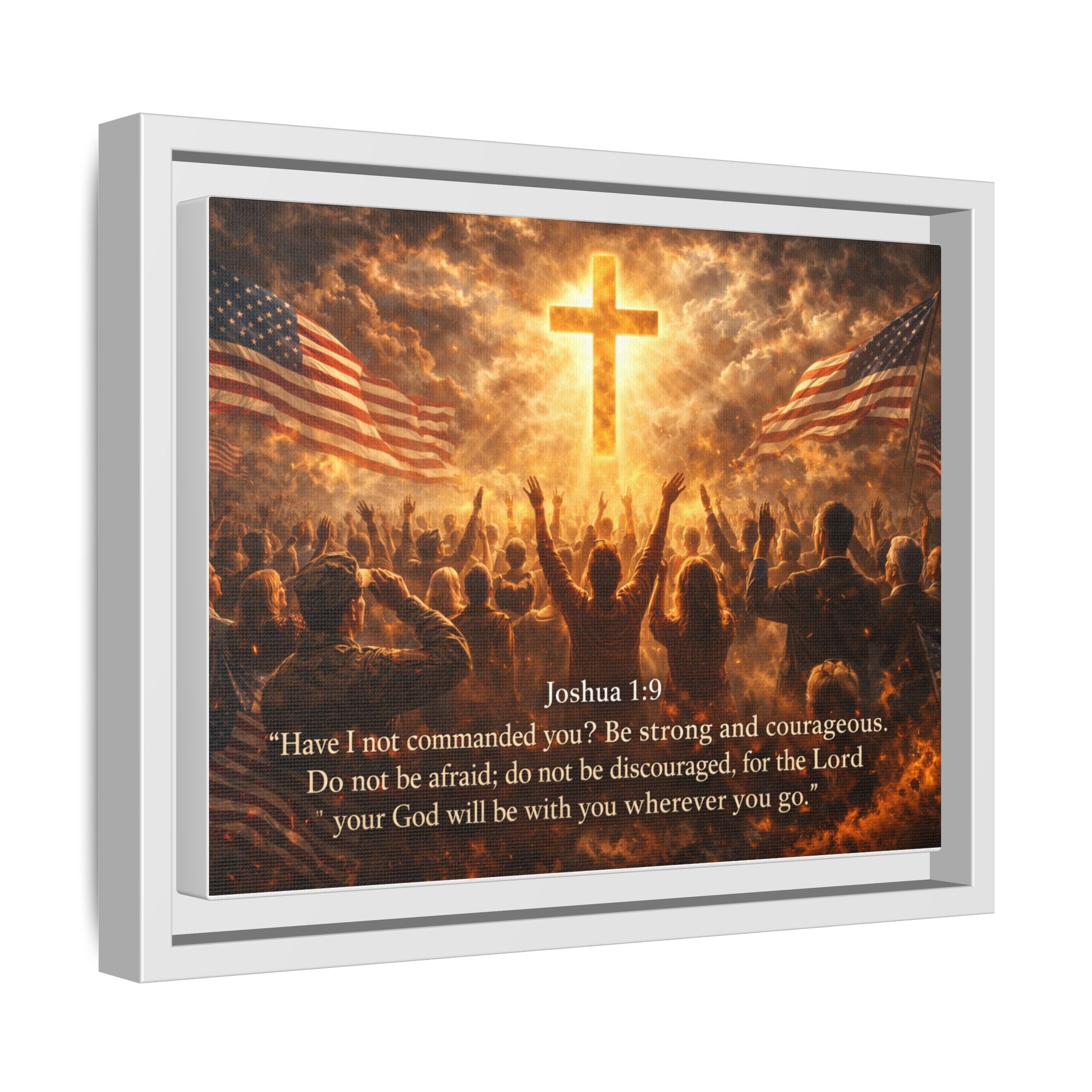 Framed Matte Canvas - Joshua 1:9 Christian Wall Art with Cross & Flags