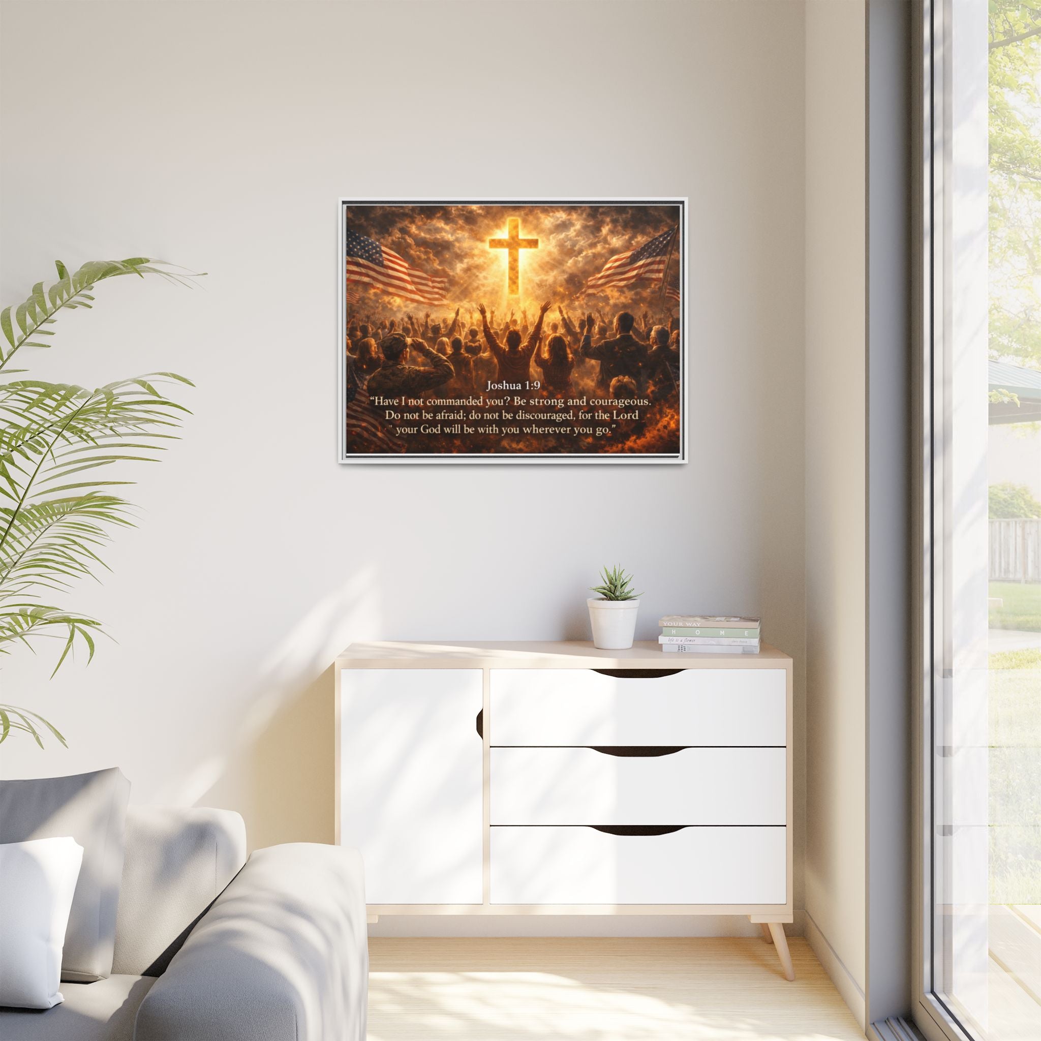 Framed Matte Canvas - Joshua 1:9 Christian Wall Art with Cross & Flags