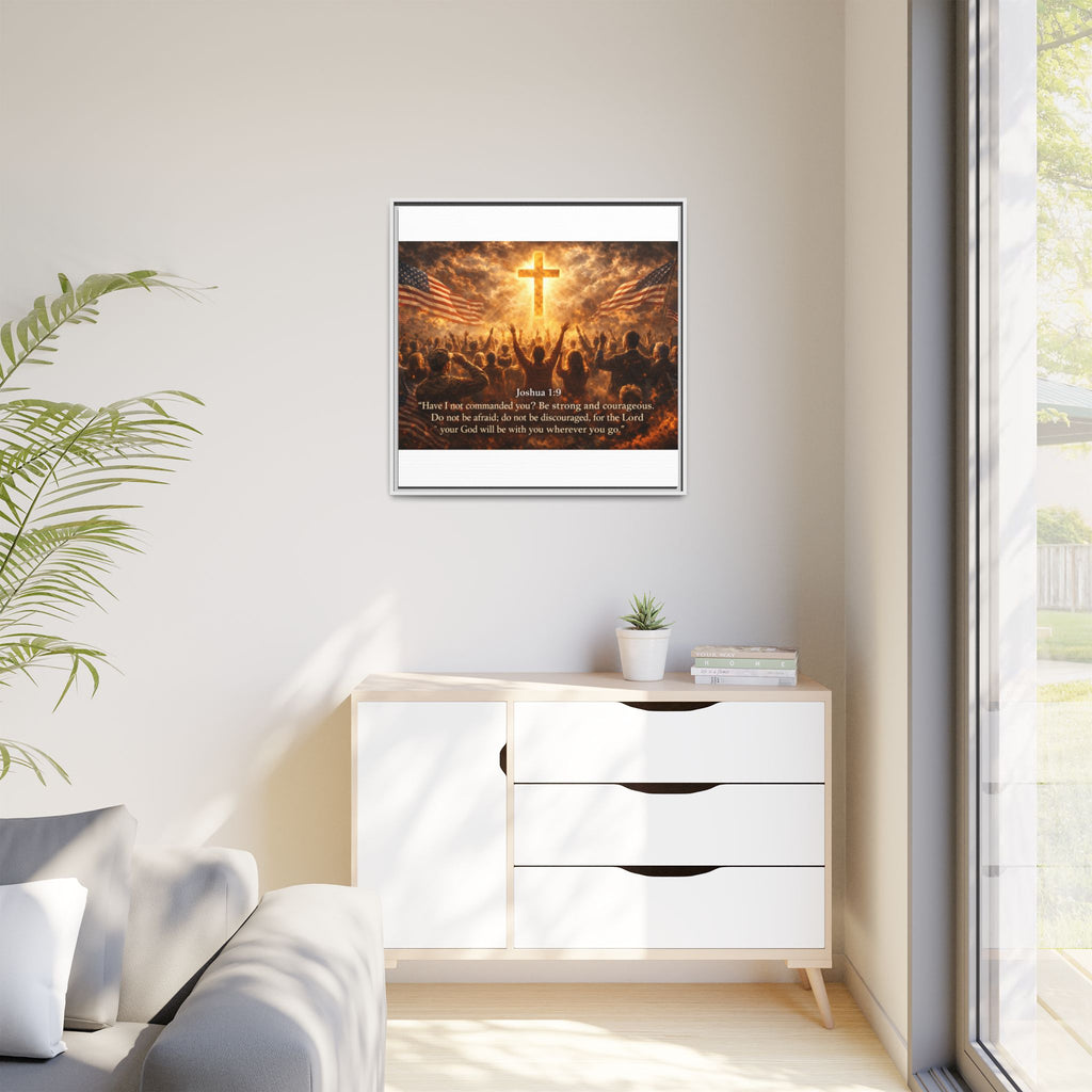Framed Matte Canvas - Joshua 1:9 Christian Wall Art with Cross & Flags