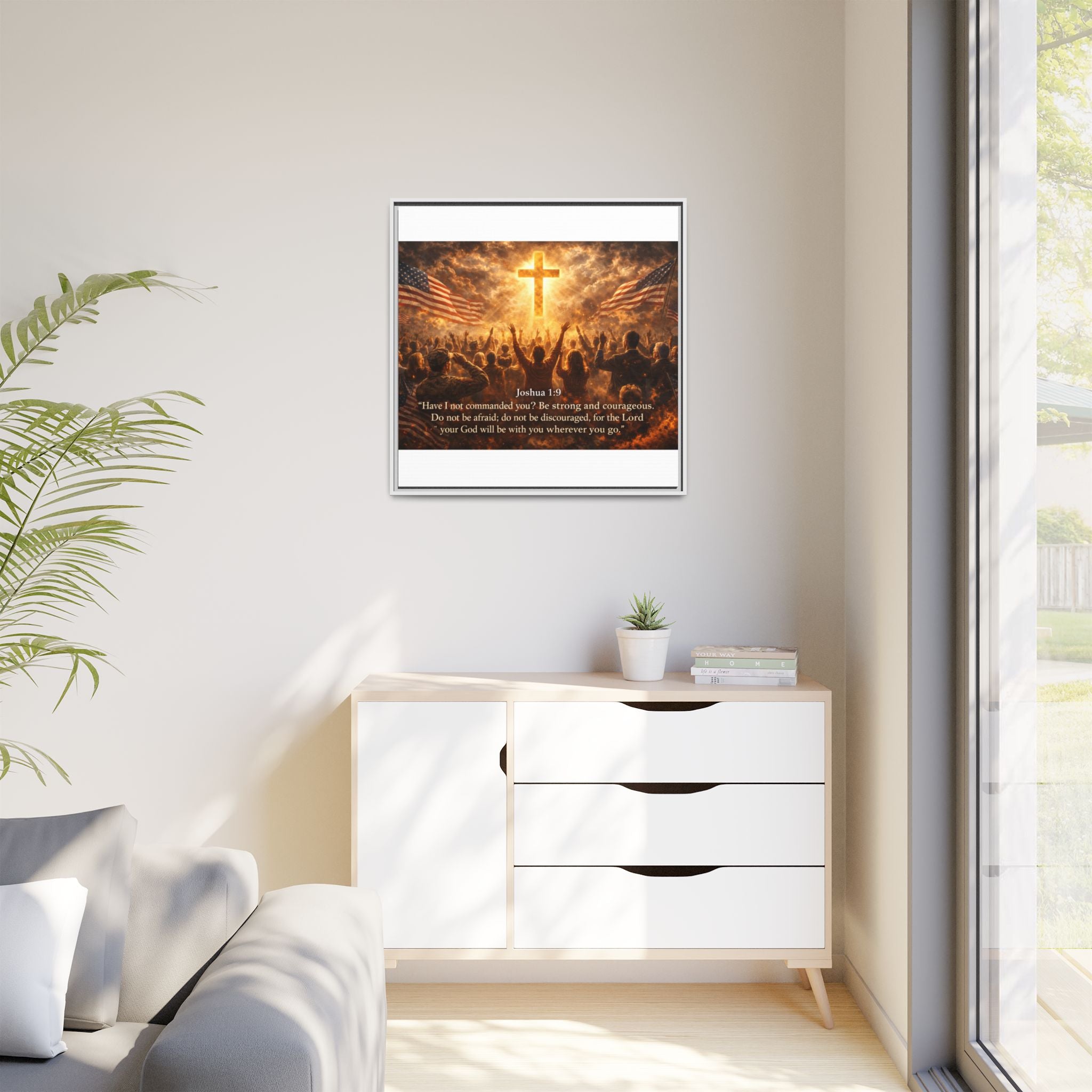 Framed Matte Canvas - Joshua 1:9 Christian Wall Art with Cross & Flags