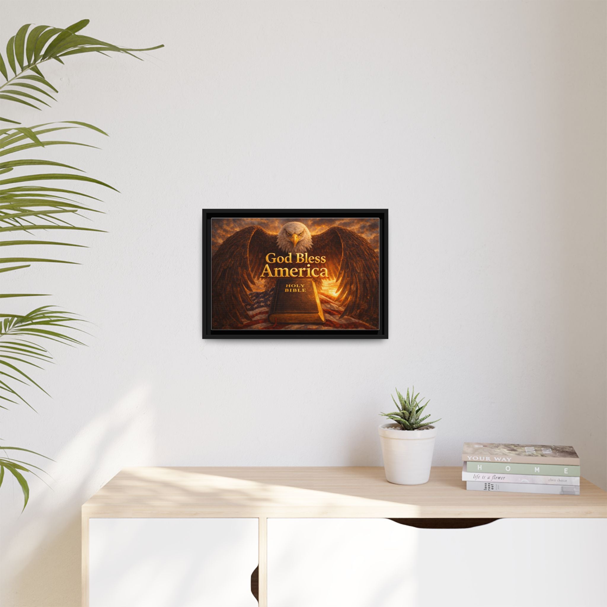 Framed Matte Canvas – "God Bless America" Eagle & Bible Patriotic Wall Art