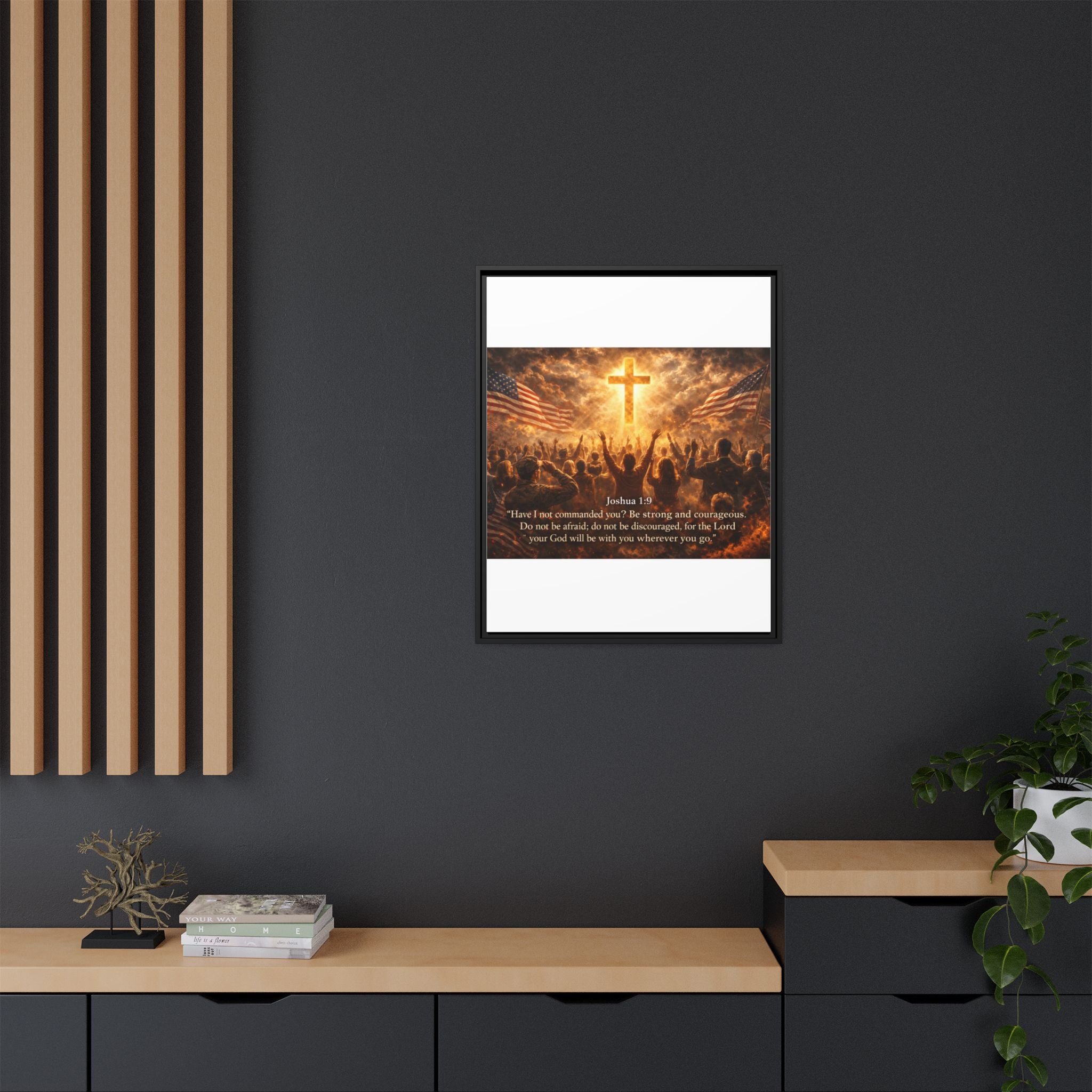 Framed Matte Canvas - Joshua 1:9 Christian Wall Art with Cross & Flags