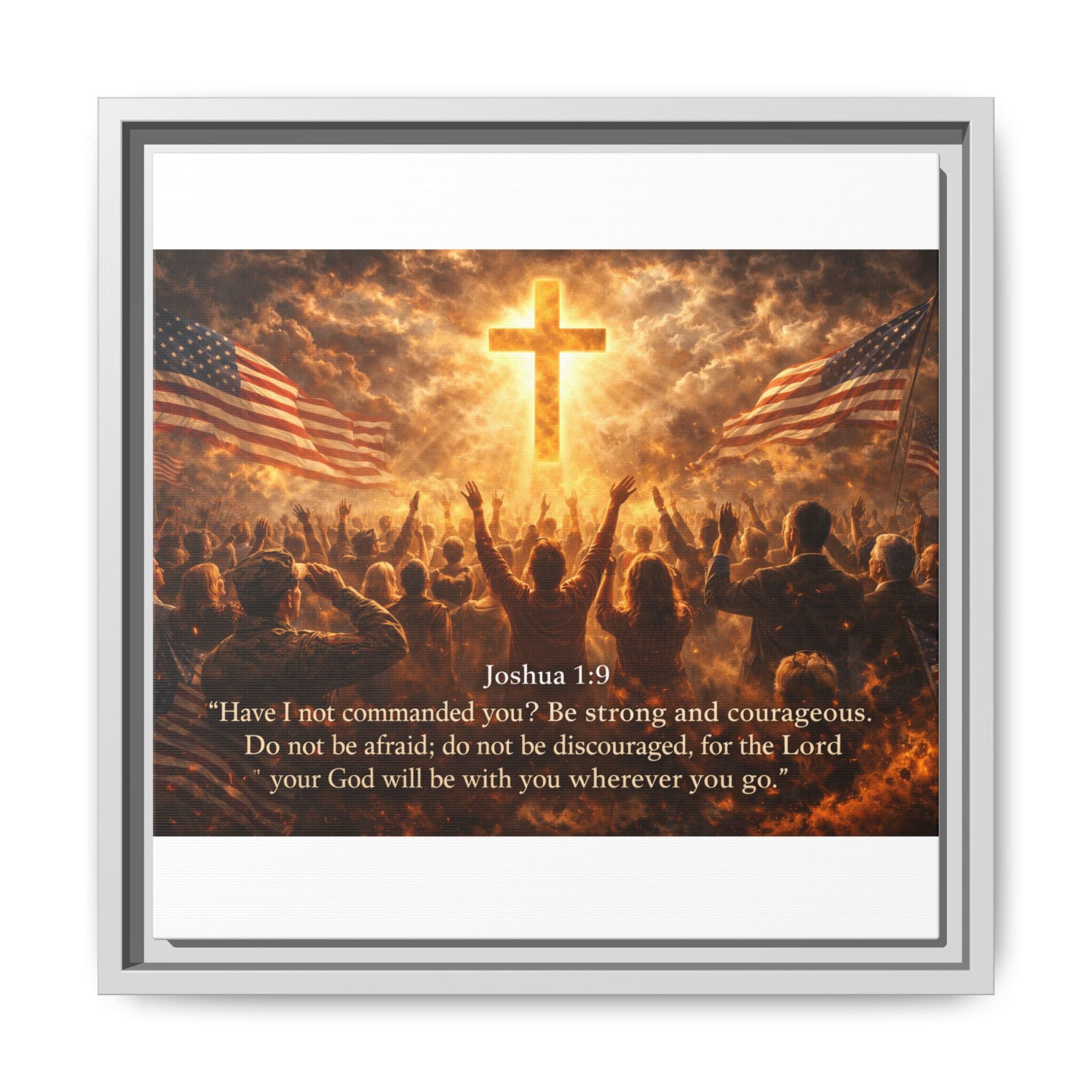 Framed Matte Canvas - Joshua 1:9 Christian Wall Art with Cross & Flags