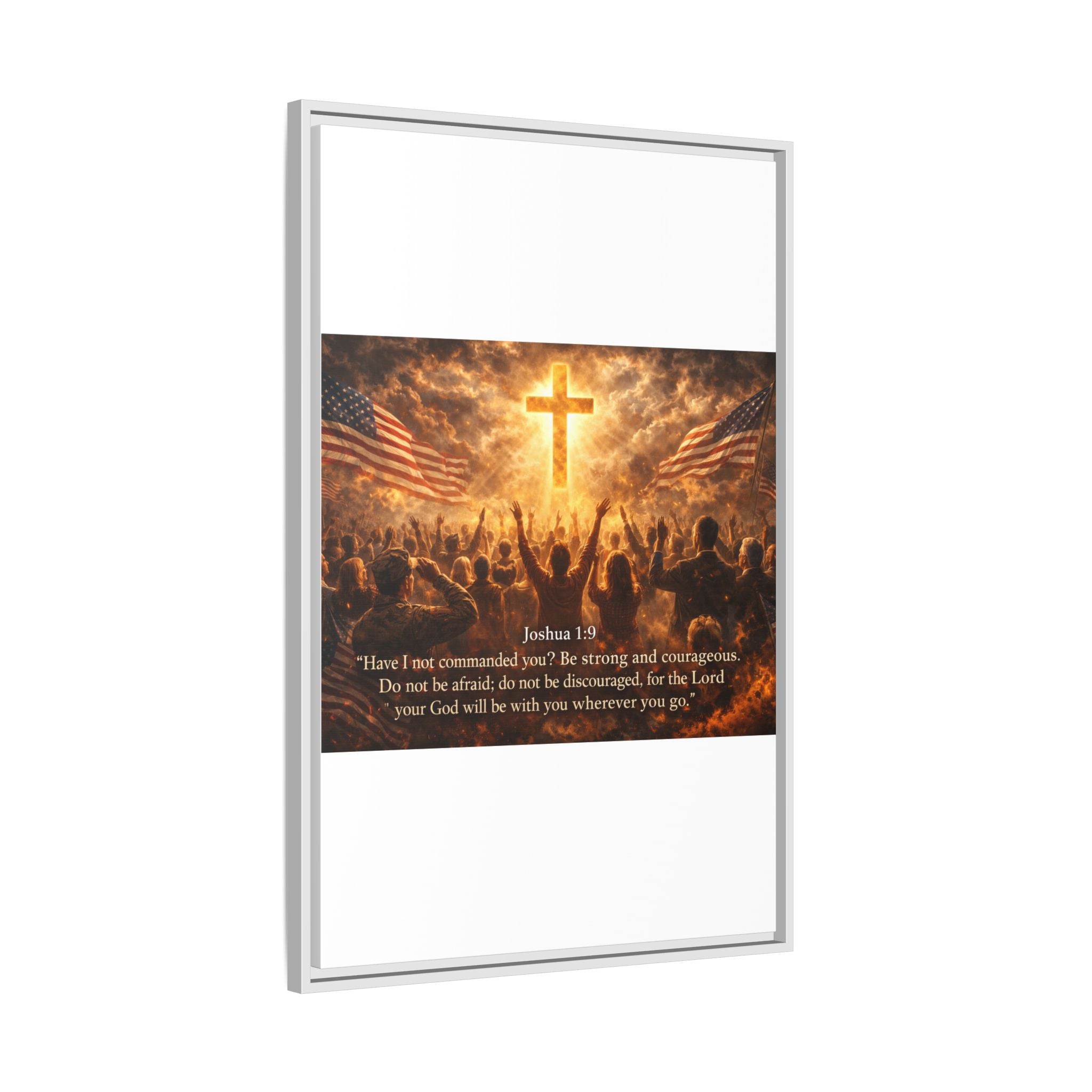 Framed Matte Canvas - Joshua 1:9 Christian Wall Art with Cross & Flags