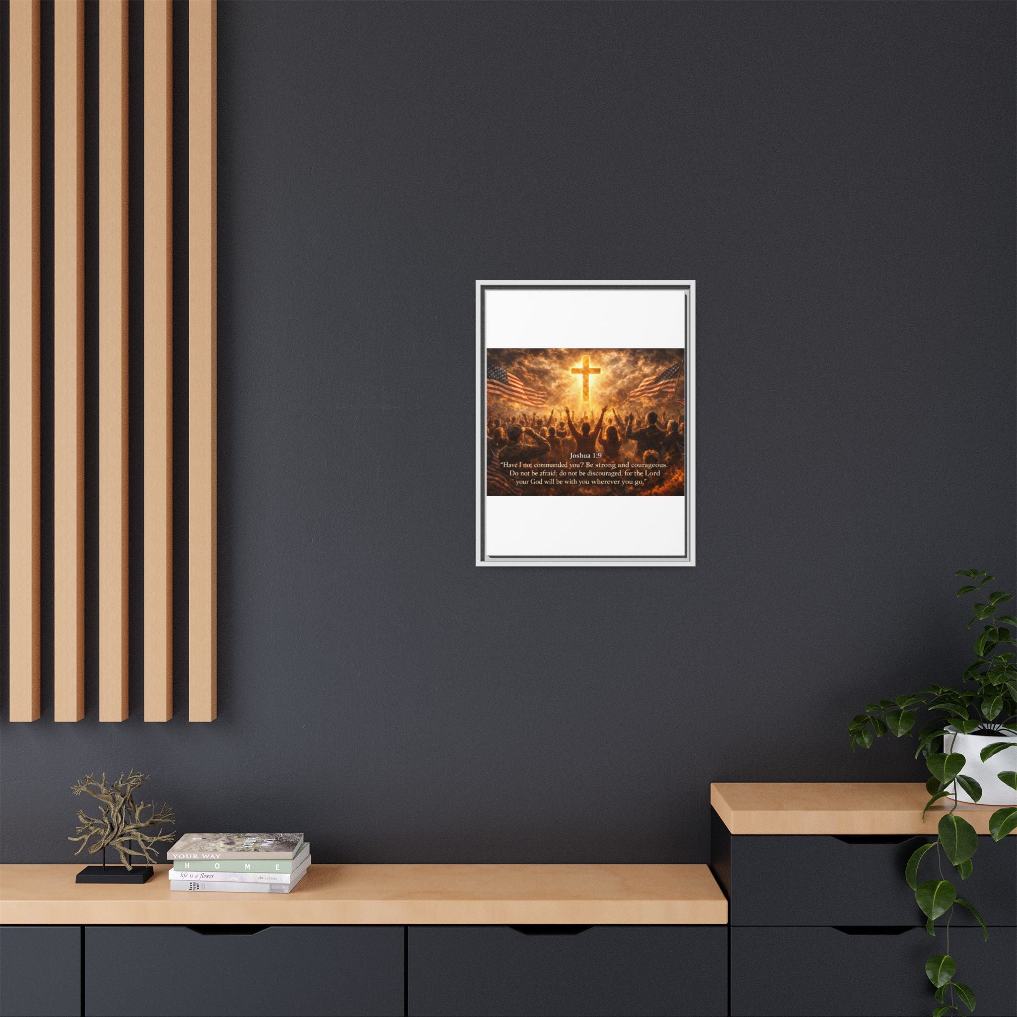 Framed Matte Canvas - Joshua 1:9 Christian Wall Art with Cross & Flags