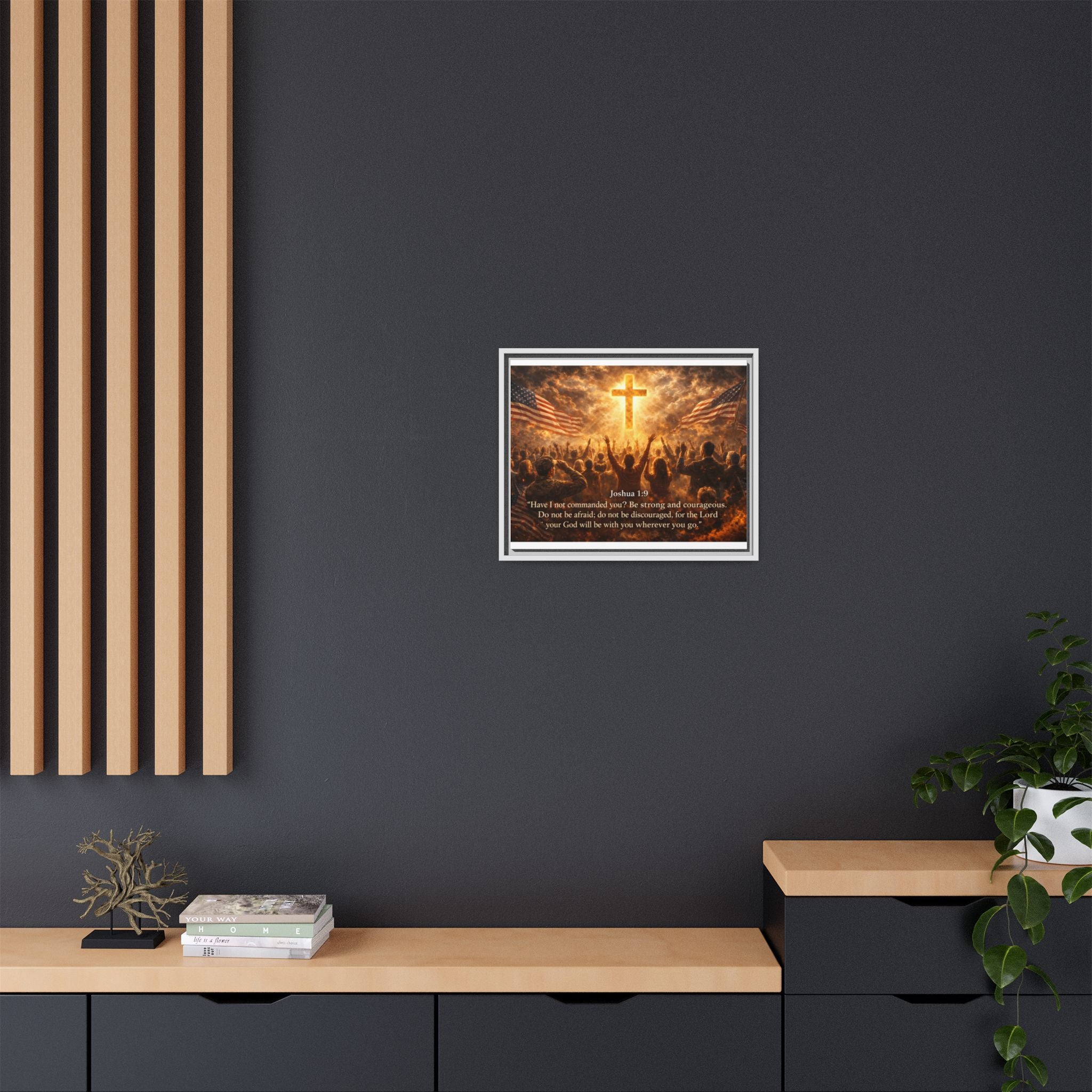Framed Matte Canvas - Joshua 1:9 Christian Wall Art with Cross & Flags