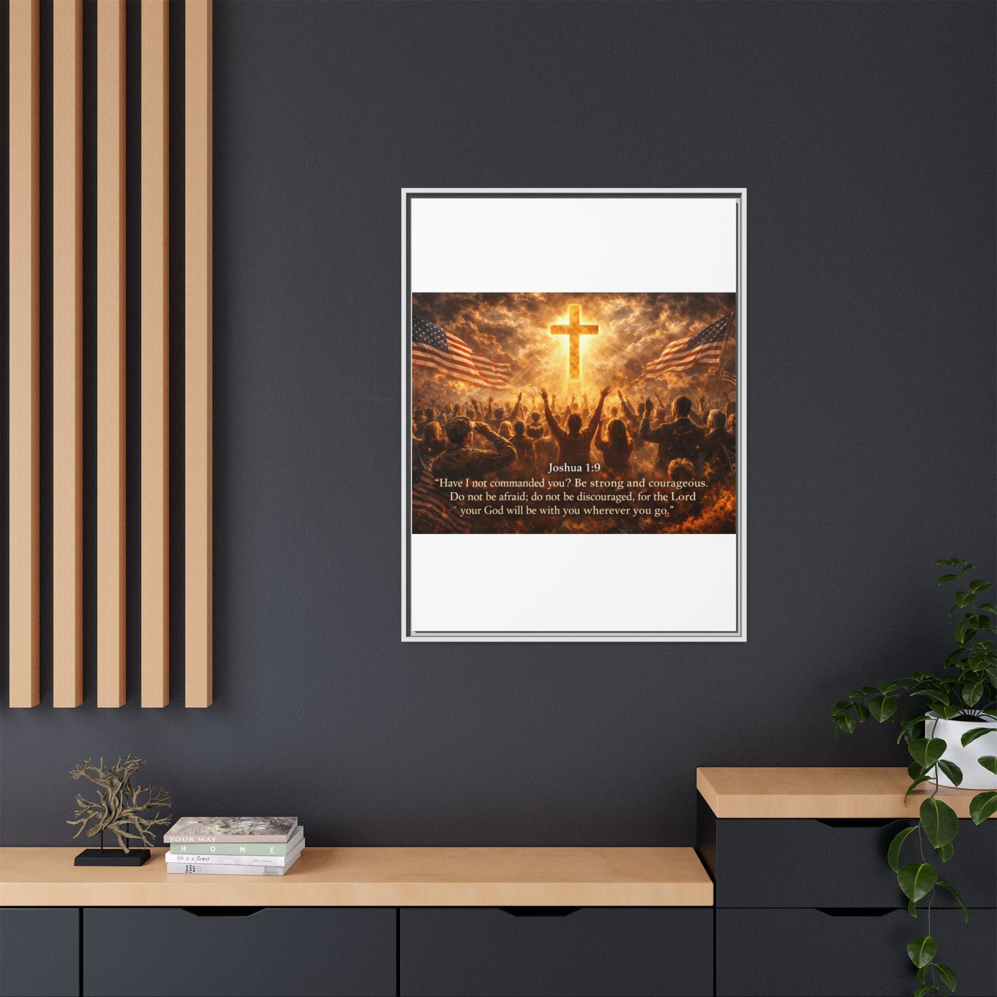 Framed Matte Canvas - Joshua 1:9 Christian Wall Art with Cross & Flags
