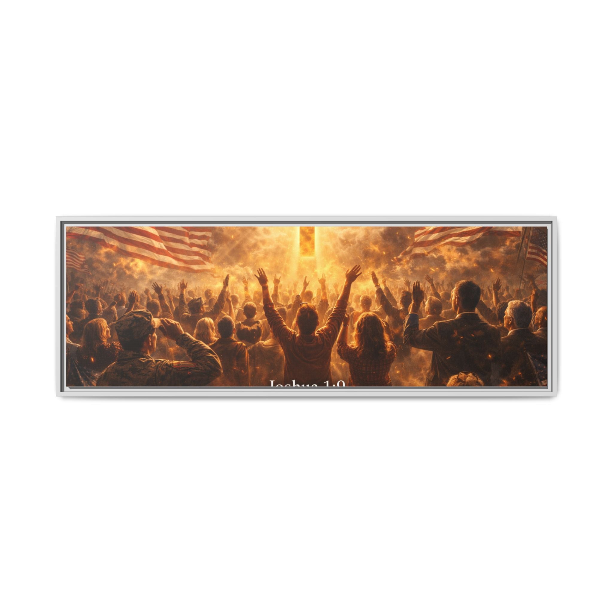 Framed Matte Canvas - Joshua 1:9 Christian Wall Art with Cross & Flags