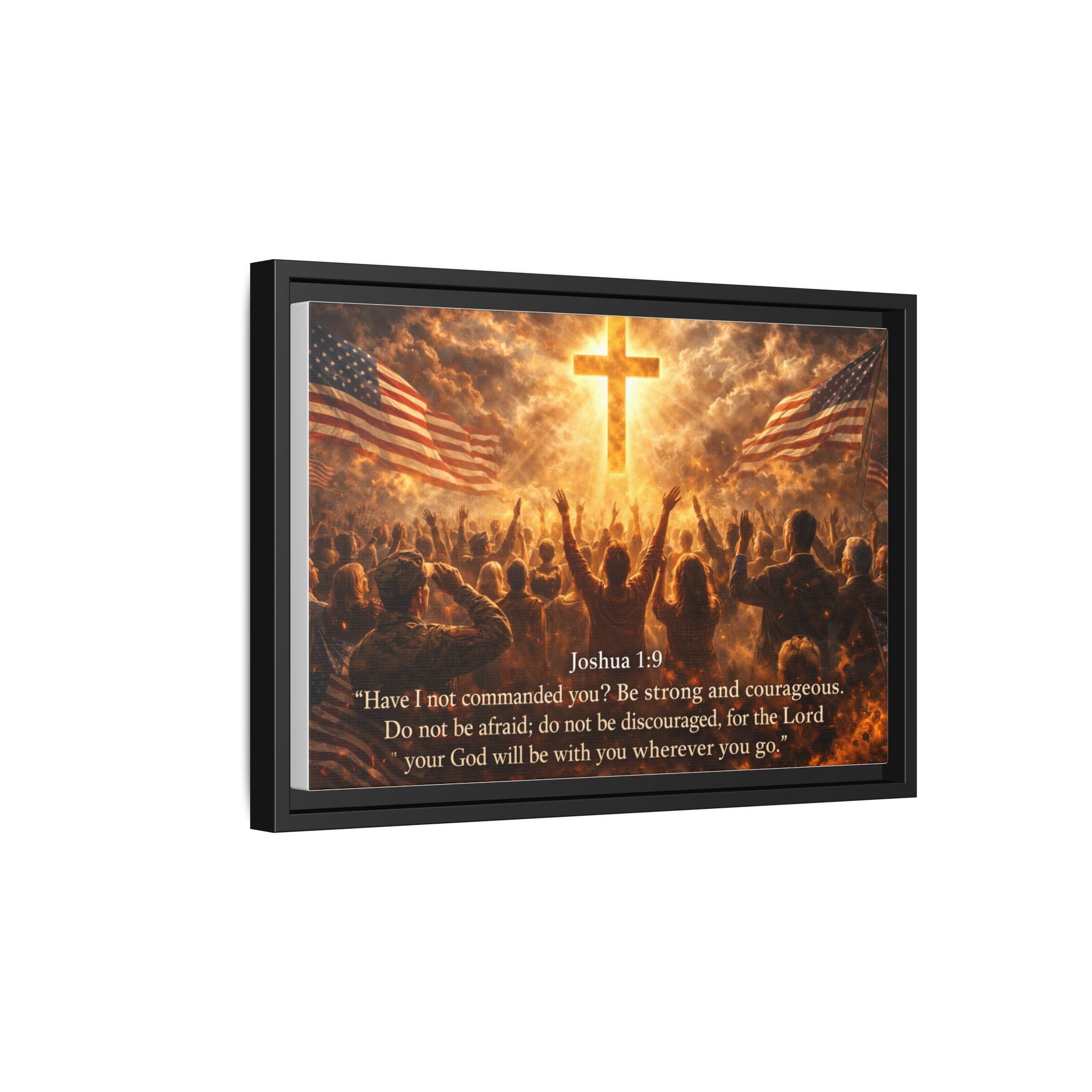 Framed Matte Canvas - Joshua 1:9 Christian Wall Art with Cross & Flags