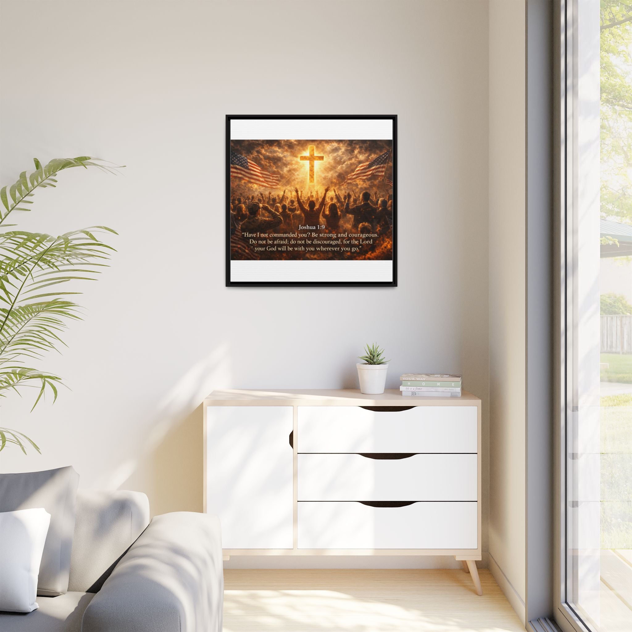 Framed Matte Canvas - Joshua 1:9 Christian Wall Art with Cross & Flags