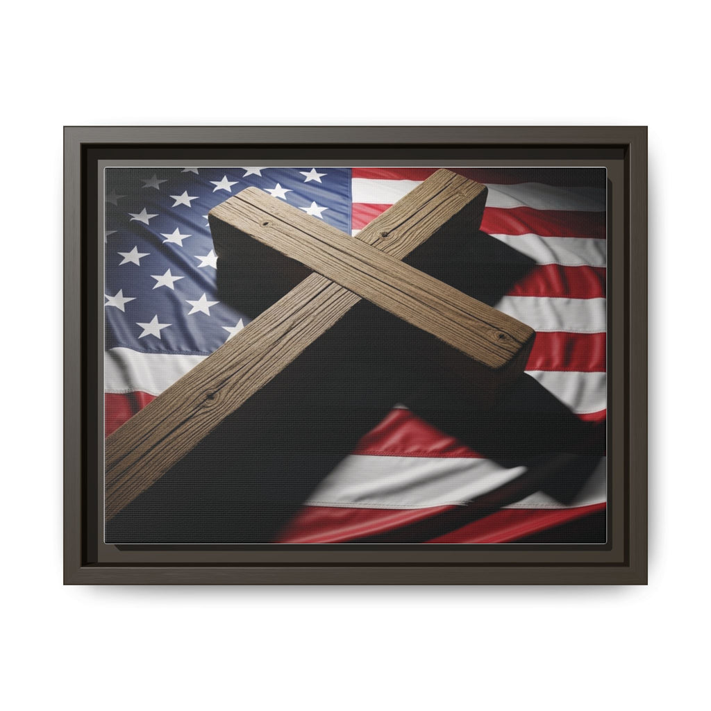 Patriotic Cross Matte Canvas Framed Wall Art — American Flag Christian Decor