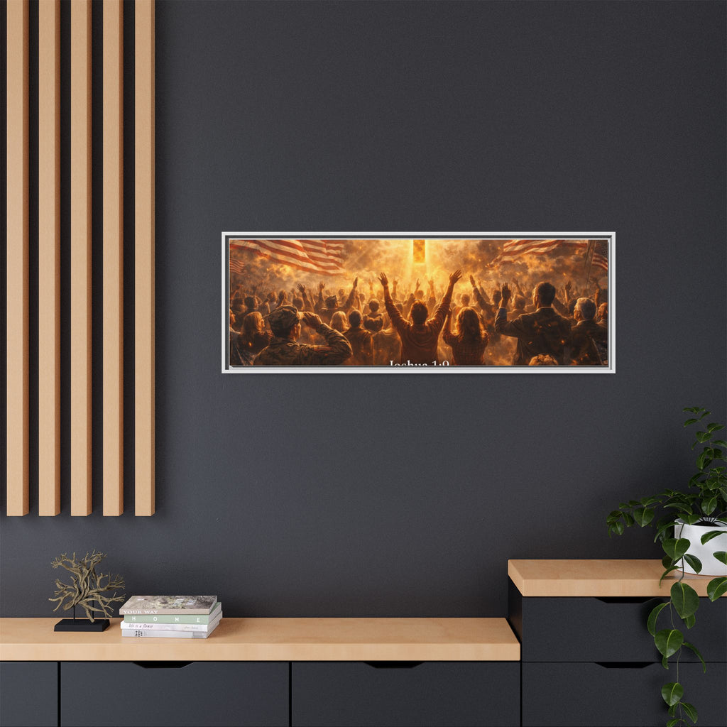 Framed Matte Canvas - Joshua 1:9 Christian Wall Art with Cross & Flags