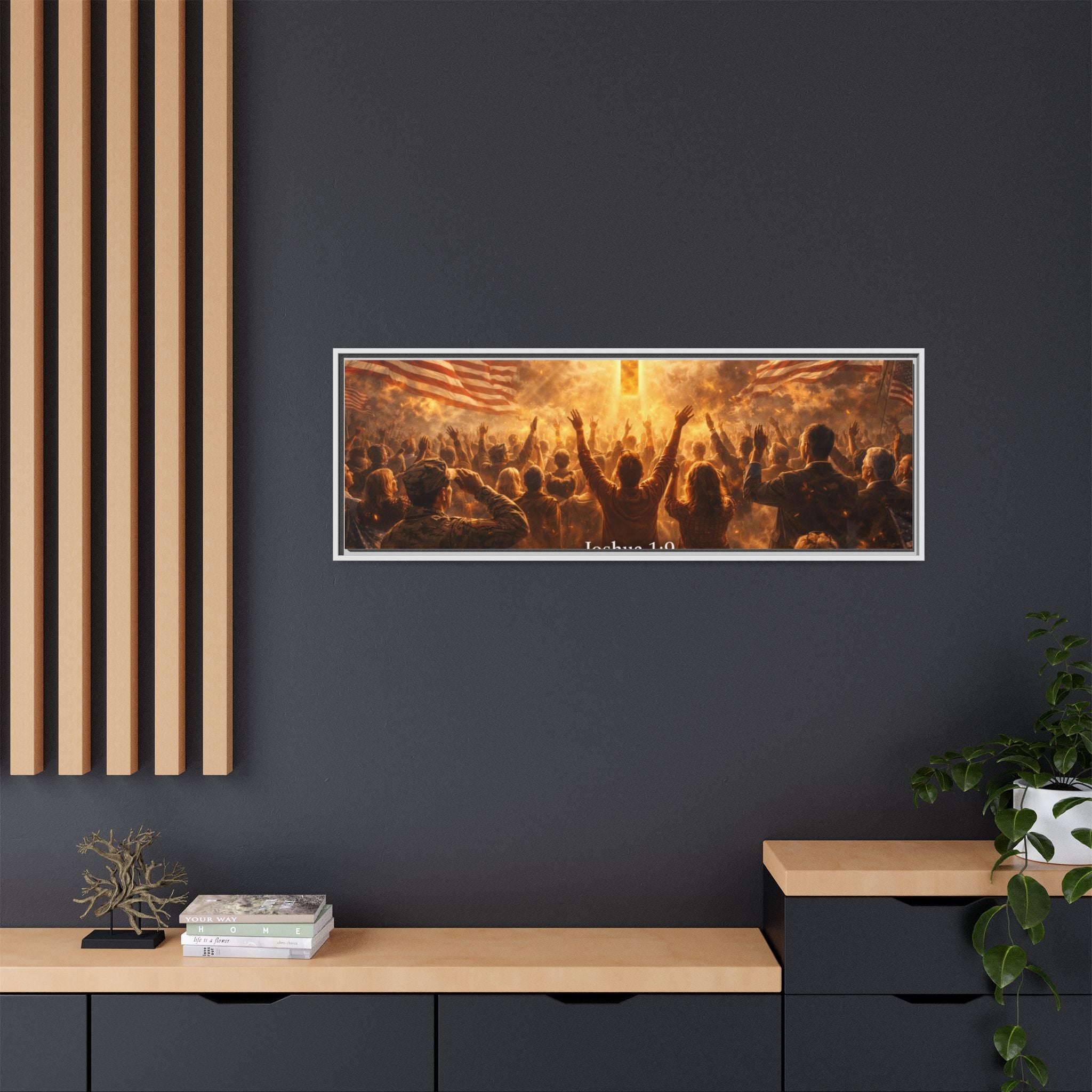 Framed Matte Canvas - Joshua 1:9 Christian Wall Art with Cross & Flags