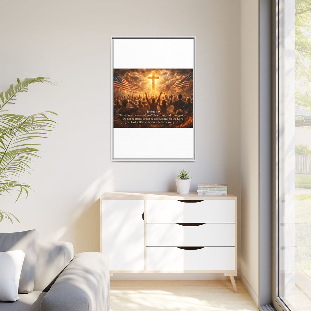 Framed Matte Canvas - Joshua 1:9 Christian Wall Art with Cross & Flags