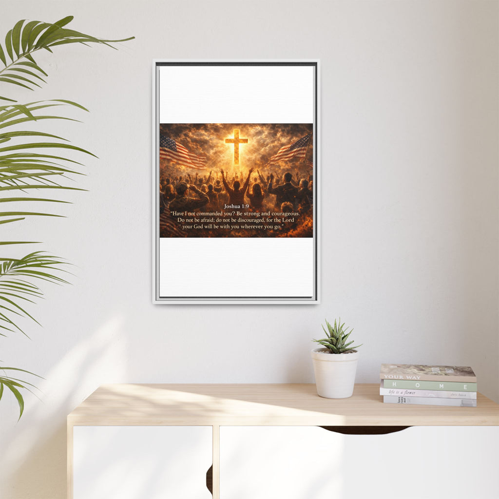 Framed Matte Canvas - Joshua 1:9 Christian Wall Art with Cross & Flags