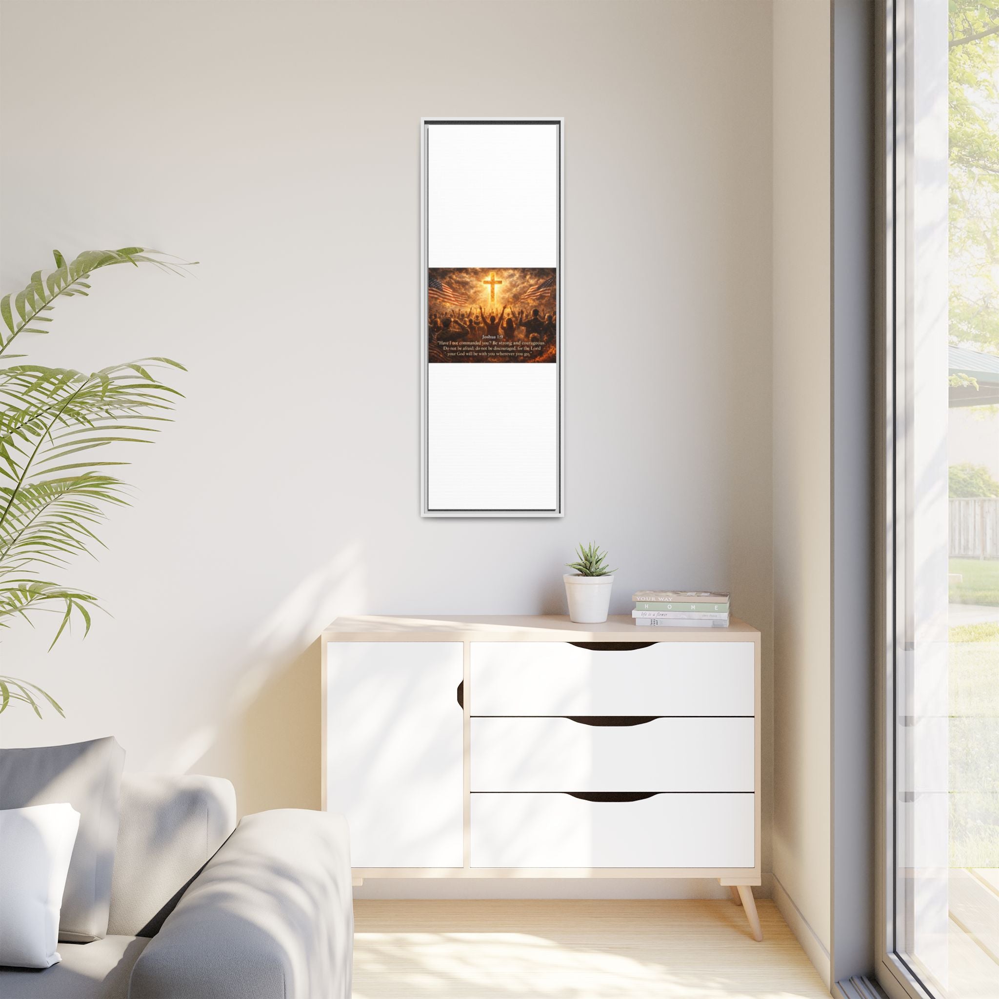 Framed Matte Canvas - Joshua 1:9 Christian Wall Art with Cross & Flags