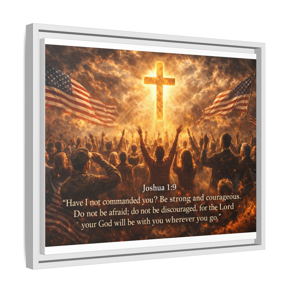 Framed Matte Canvas - Joshua 1:9 Christian Wall Art with Cross & Flags