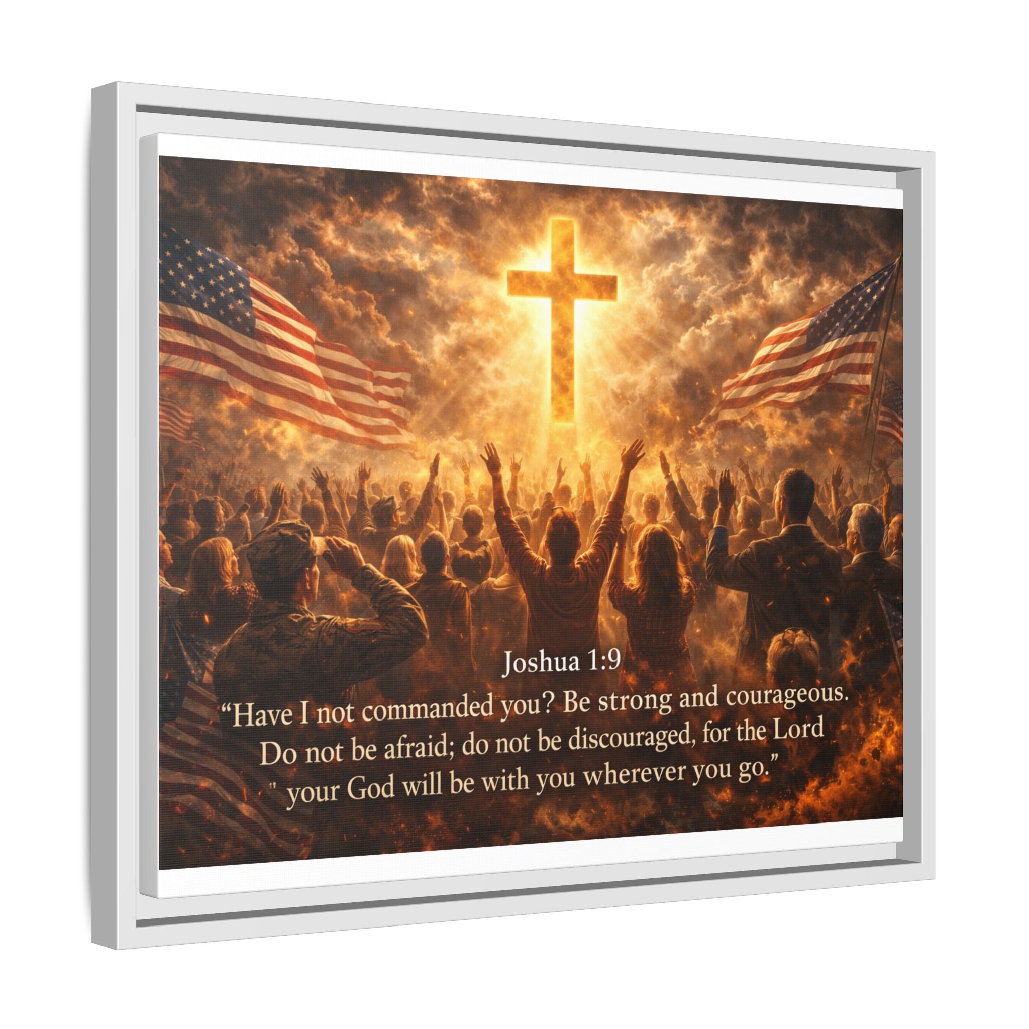 Framed Matte Canvas - Joshua 1:9 Christian Wall Art with Cross & Flags
