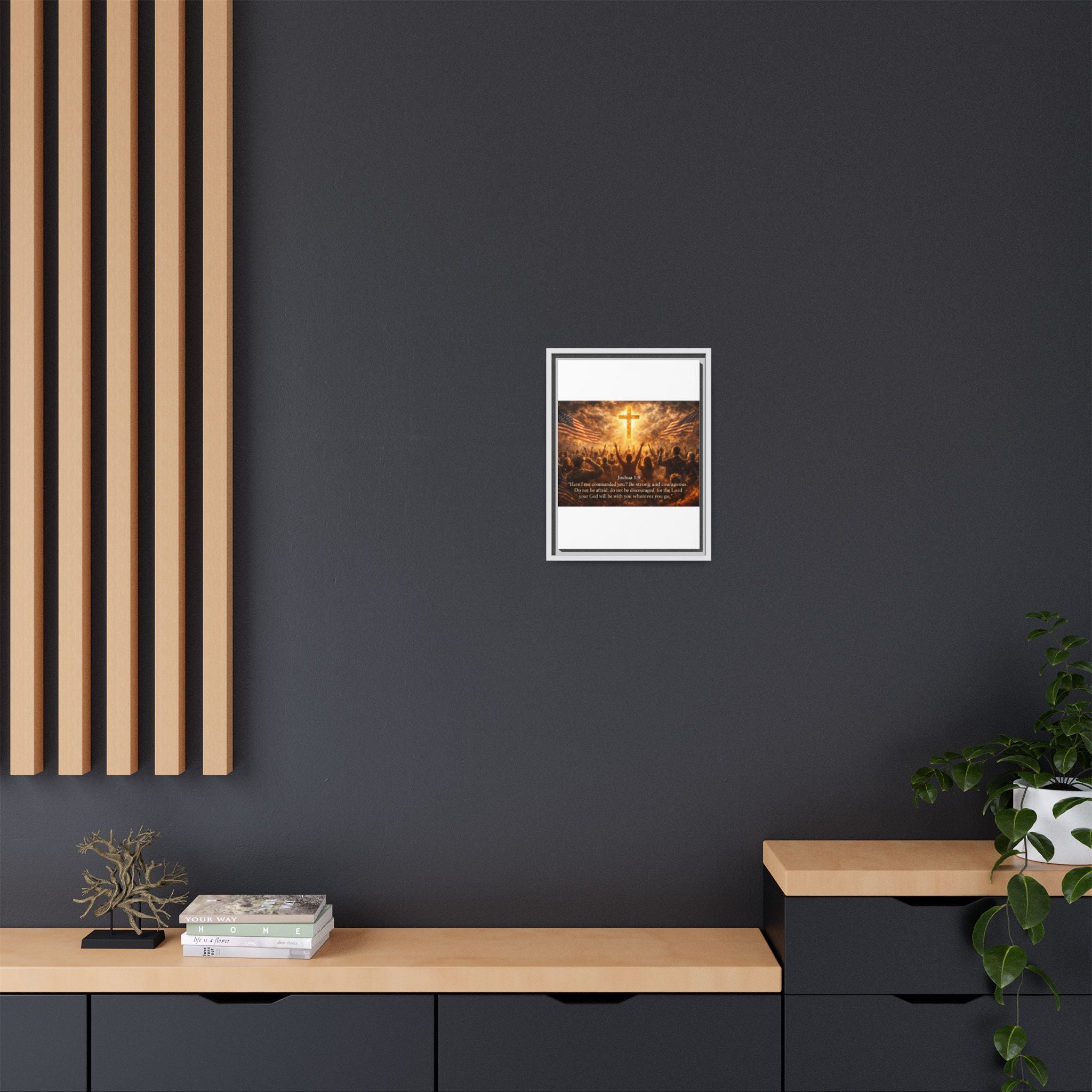 Framed Matte Canvas - Joshua 1:9 Christian Wall Art with Cross & Flags
