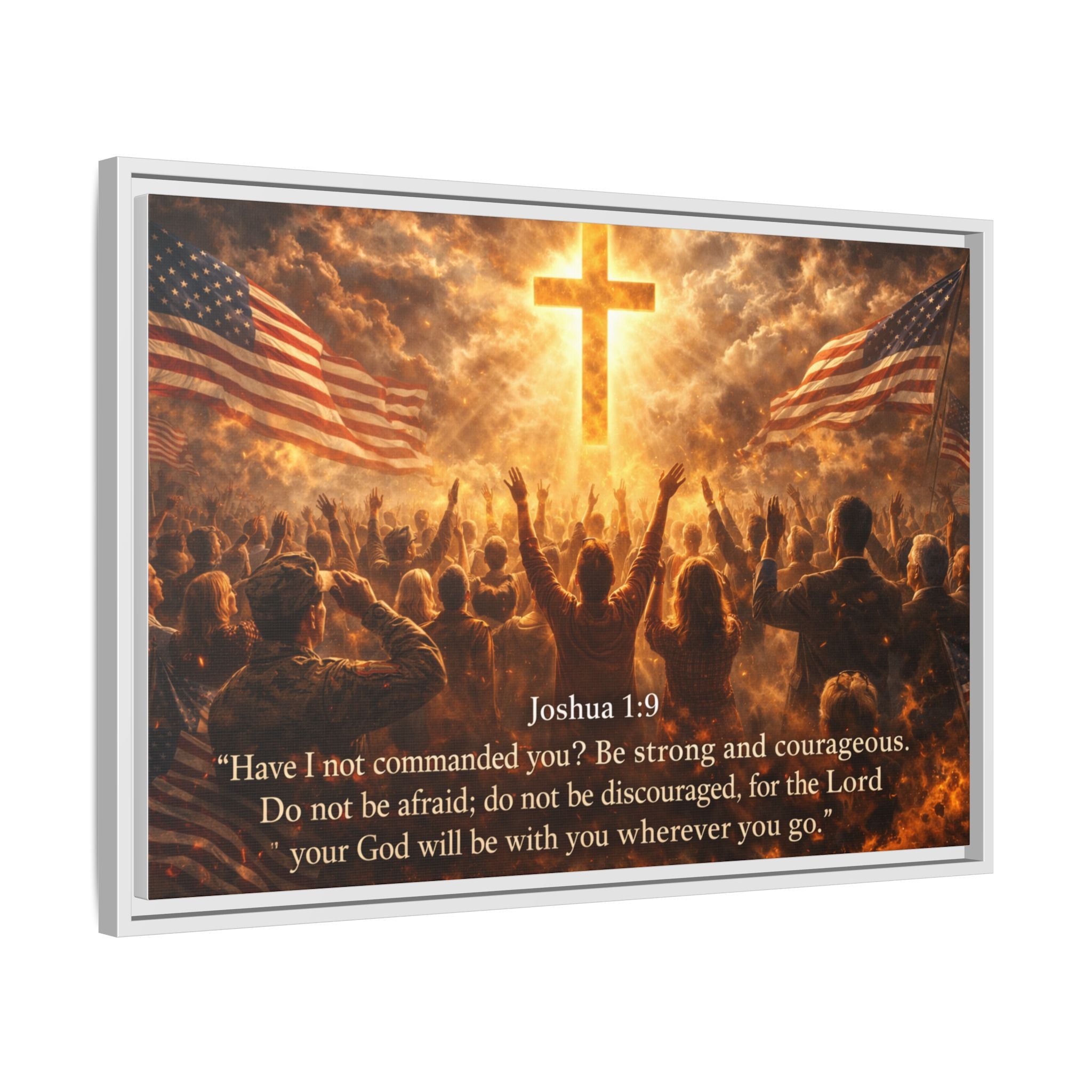 Framed Matte Canvas - Joshua 1:9 Christian Wall Art with Cross & Flags