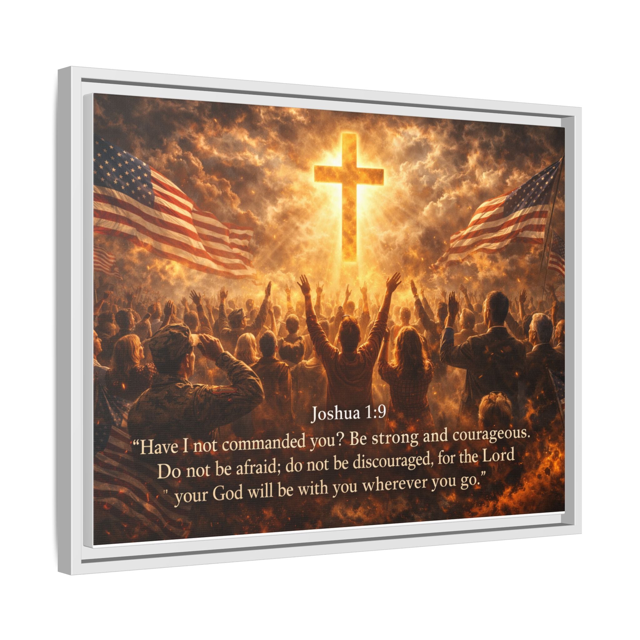 Framed Matte Canvas - Joshua 1:9 Christian Wall Art with Cross & Flags
