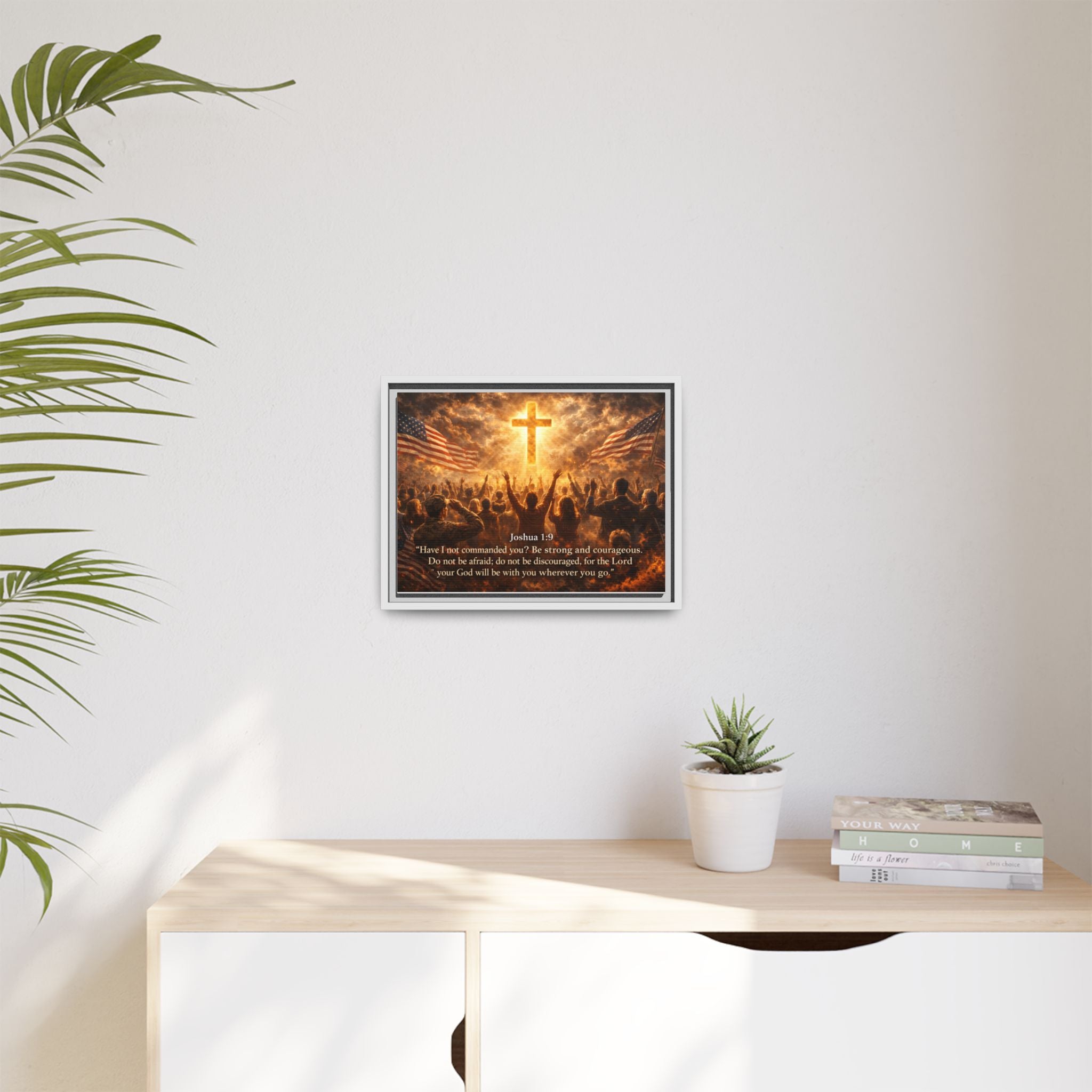 Framed Matte Canvas - Joshua 1:9 Christian Wall Art with Cross & Flags