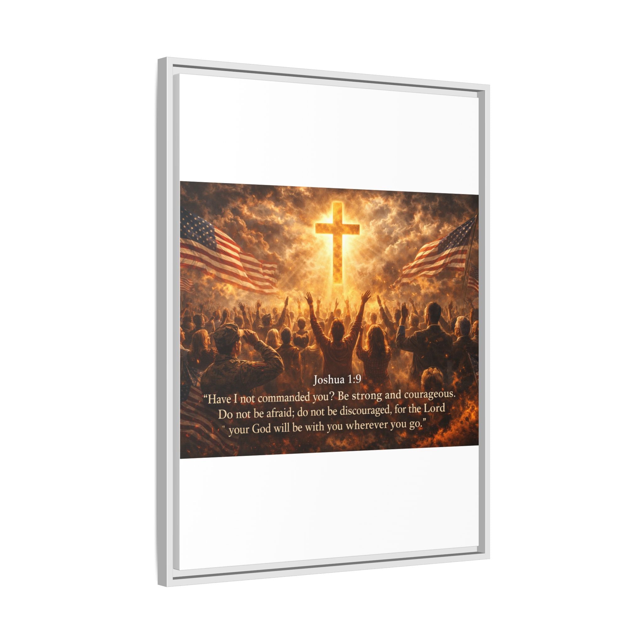 Framed Matte Canvas - Joshua 1:9 Christian Wall Art with Cross & Flags