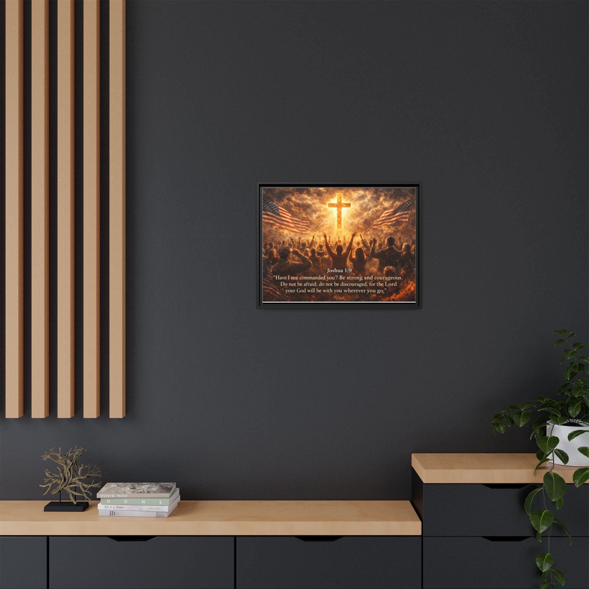 Framed Matte Canvas - Joshua 1:9 Christian Wall Art with Cross & Flags