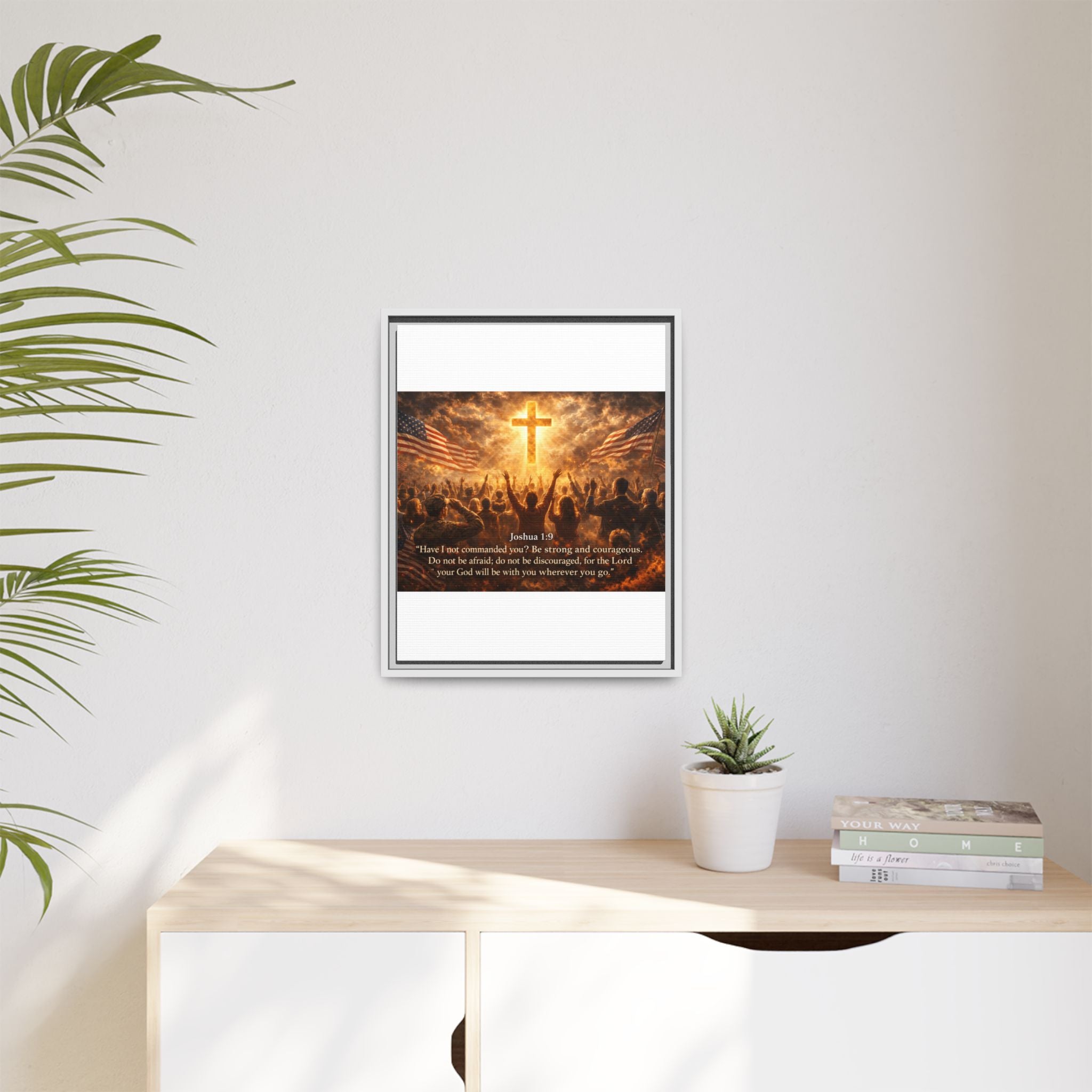 Framed Matte Canvas - Joshua 1:9 Christian Wall Art with Cross & Flags
